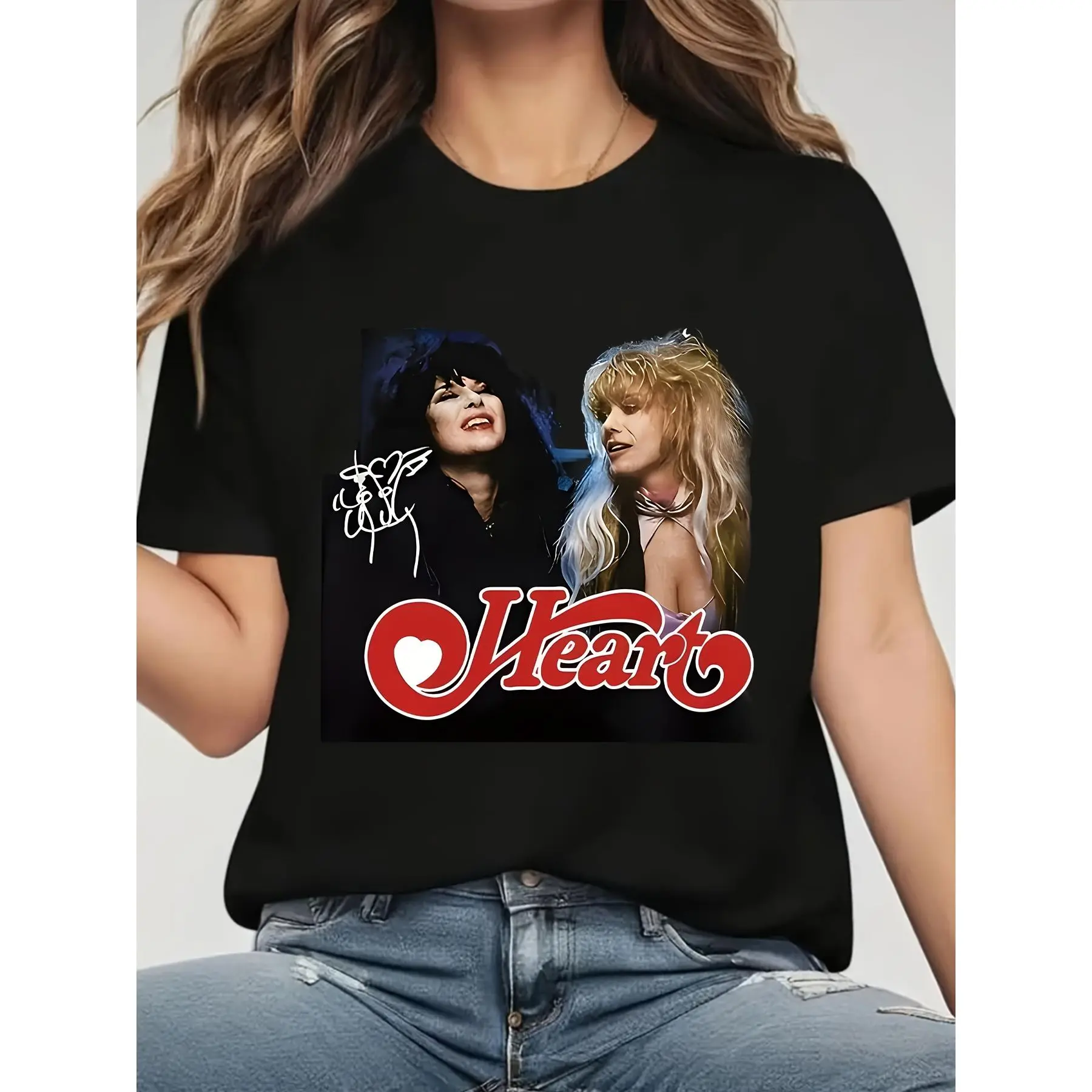 [Rock Music T-Shirt] Black Casual Women's Heart Band Logo Graphic T-Shirt |   Short Sleeve Round Neck Tee with Red Lettering & Musician Design, Machine Washable, Perfect Gift for Rock Music Fans, Rock Band T Shirts