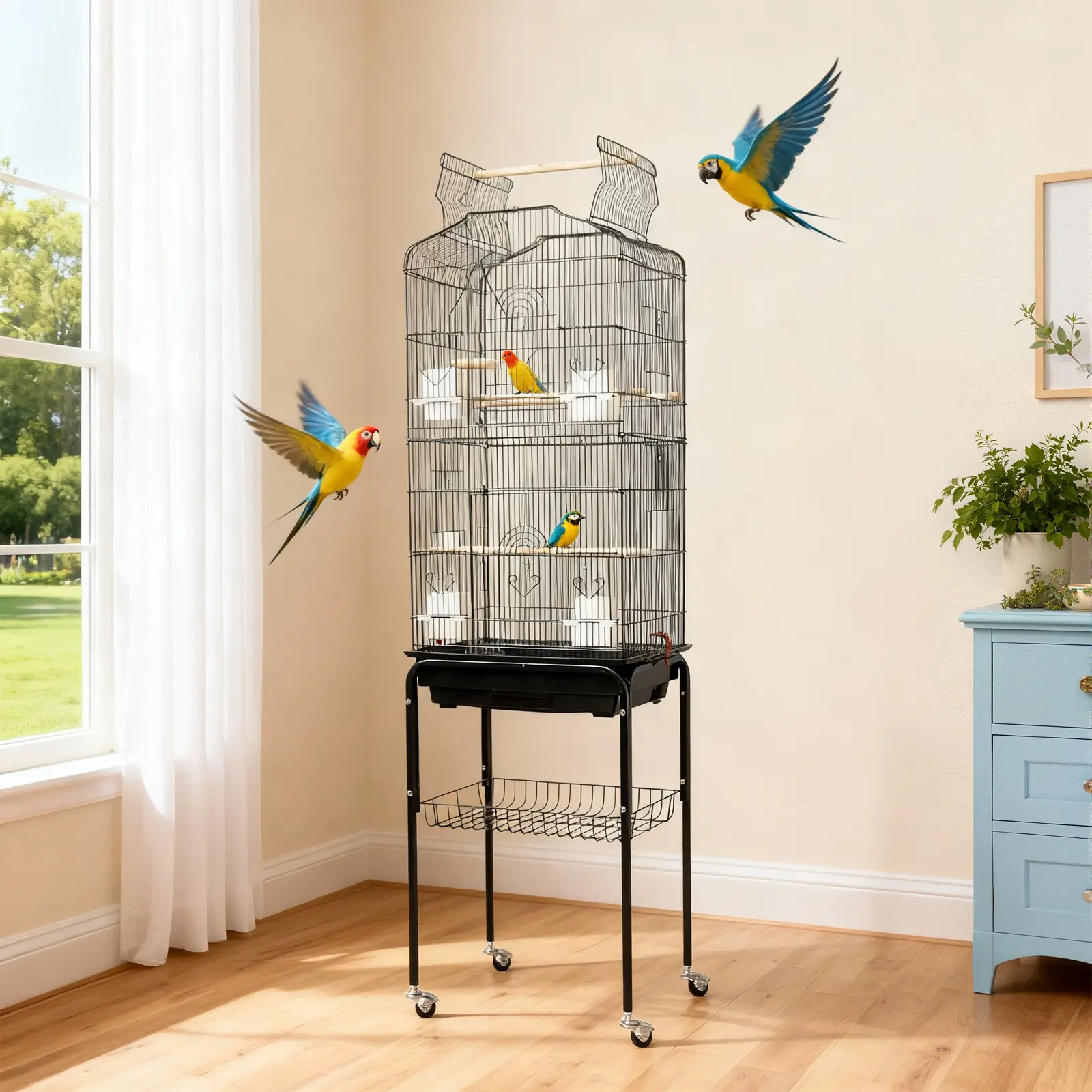 65" Rolling Bird Cage with Open Play Top & Storage Shelf | Complete Set – 4 Bowls, 3 Perches & Removable Tray for Cockatiels/Conures