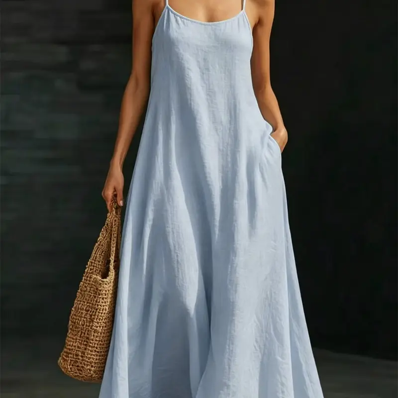 2026 New Summer Chic Long Dress Spaghetti Strap, Loose Fit with Pockets, Beach Vacation Casual Sandals, Wide Skirt, Two-In-One for Vacation and Commute