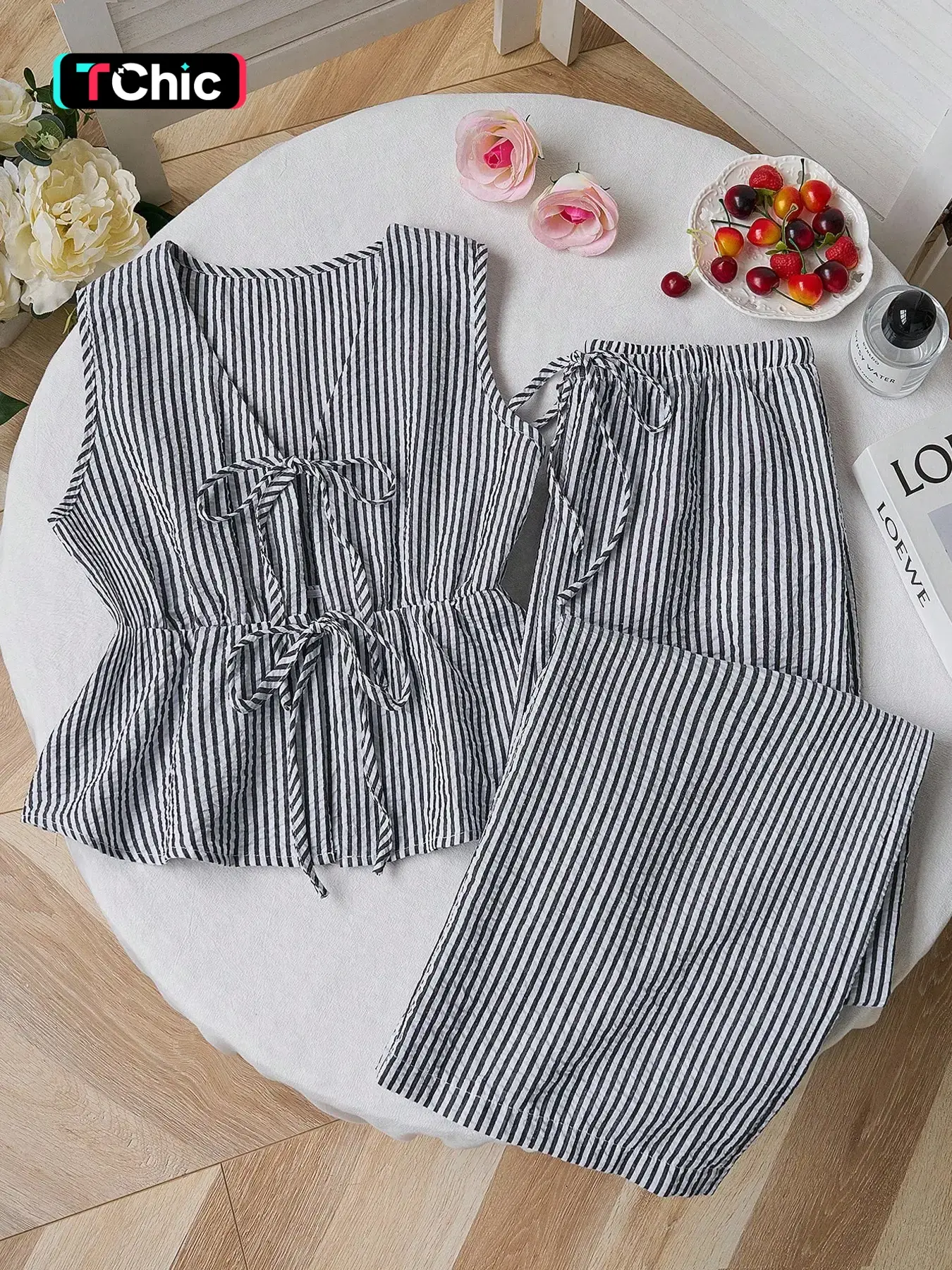 Women's Striped Sleeveless Drawstring Waist Top and Straight Leg Pants Set, Versatile Casual Summer 2-Piece Set, Striped Sets