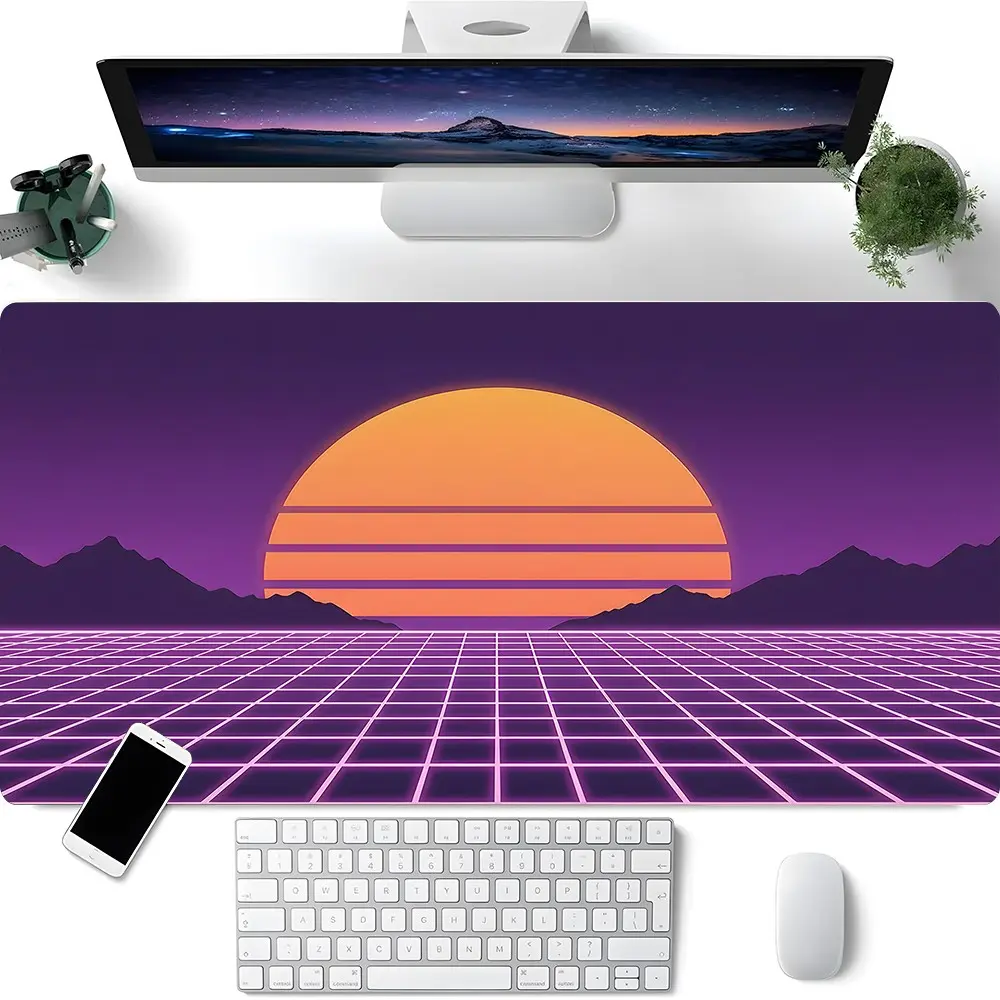 Retro Synthwave Sunset Grid Mountain Large Gaming Mouse Pad, Extended Computer Keyboard Desk Mat, Non-Slip Rubber Base Stitched Lock Edges, Multi Size for Home Office Gaming, Perfect Gift for Vaporwave & 80s Retro Lovers