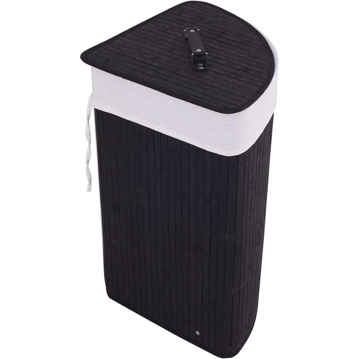 Corner Bamboo Laundry Hamper with Lid and Removable Liner, Washing Clothes Basket Storage Bin with Handle, Suitable for Bedroom, Bathroom, Laundry (Black)