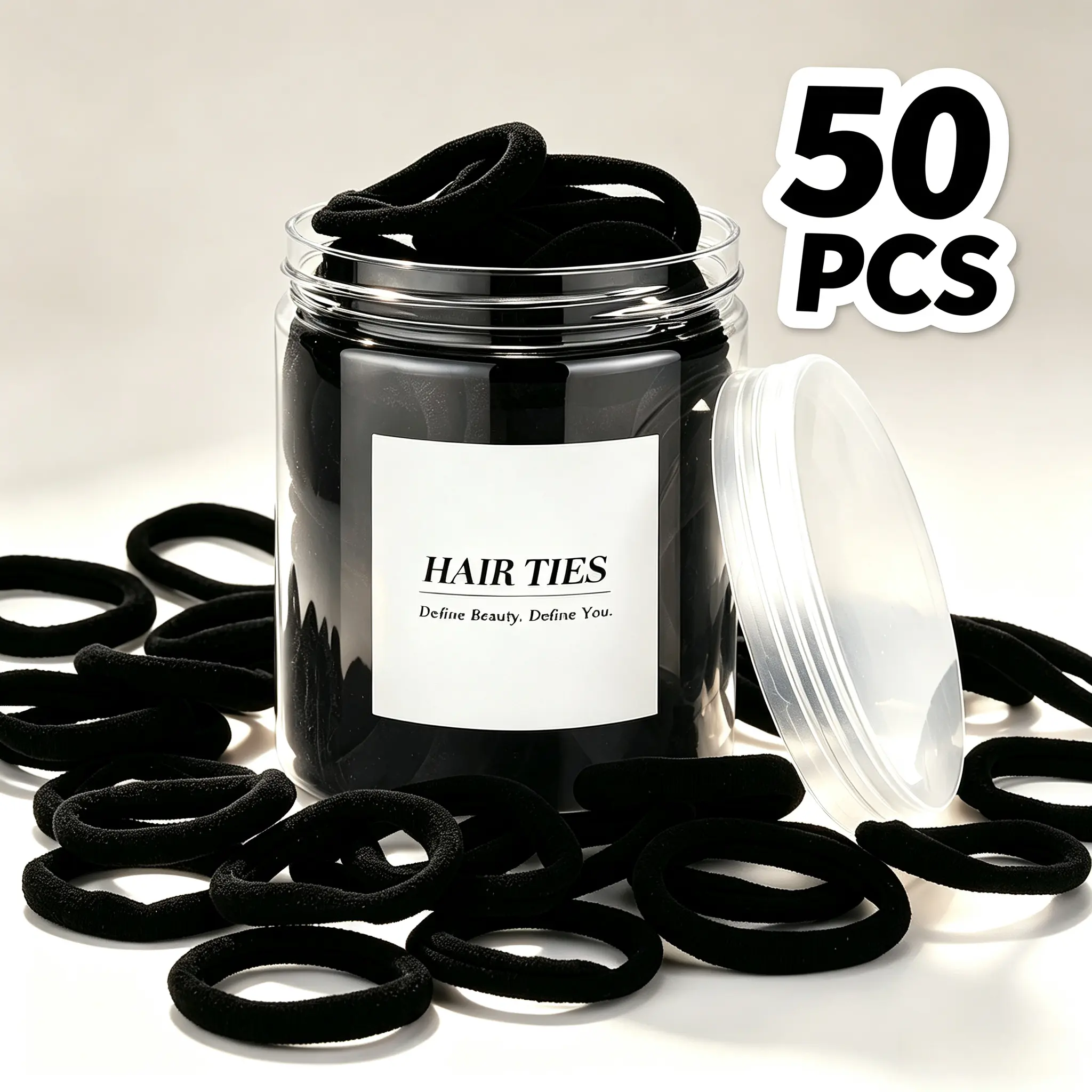 50 PCS Black Cotton Seamless Hair Ties, Soft No Snag No Damage Elastic Ponytail Holders, High Stretch Hair Bands for Thick Curly Heavy Hair, Women Girls Daily Workout Hair Accessories