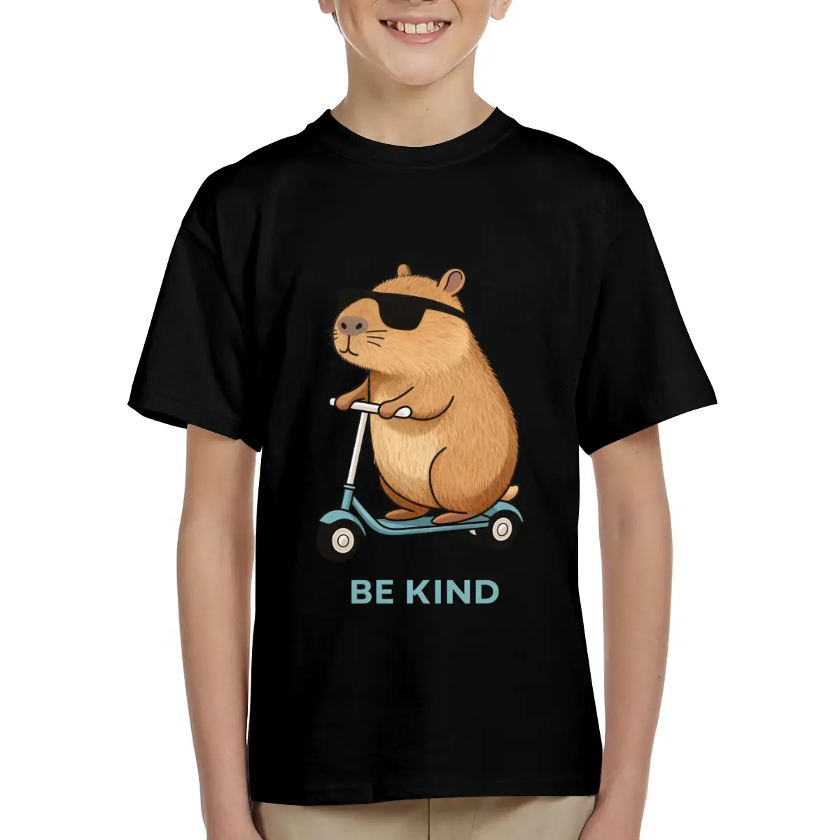 Cute Capybara On Scooter Be Kind Print Kids Short Sleeve T-Shirts Cotton Soft Breathable Crewneck Tees for Boys Girls, Loose Fit Comfortable Basic Tops for 6-15 Years Summer School Casual Wear