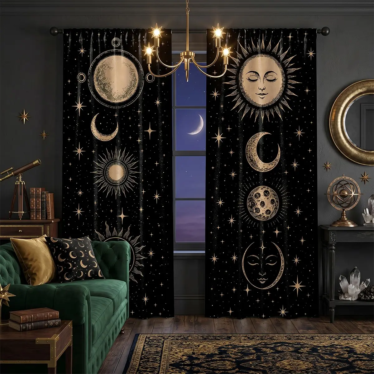 2 pieces - Retro Sun-Moon-Star Pattern Curtains, Window Drapes, Home Decorative Curtain - Durable Polyester Fiber (suitable for home decor) is suitable for those who enjoy mysticism, tarot, and retro exotic styles