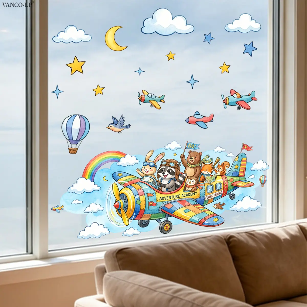 1Pc (30*90cm) Cartoon Animal Pilot & Plane Static Window Sticker, Sky Adventure Themed Decal for Glass Window Decor