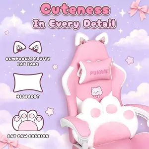Pink Kawaii Gaming Chair with Detachable Cat Ears & Cat Paw Lumbar Pillow, Ergonomic Reclining Video Game Chair with Retractable Footrest, Cute Desk Chair for Girls, Perfect Halloween Bedroom Decor