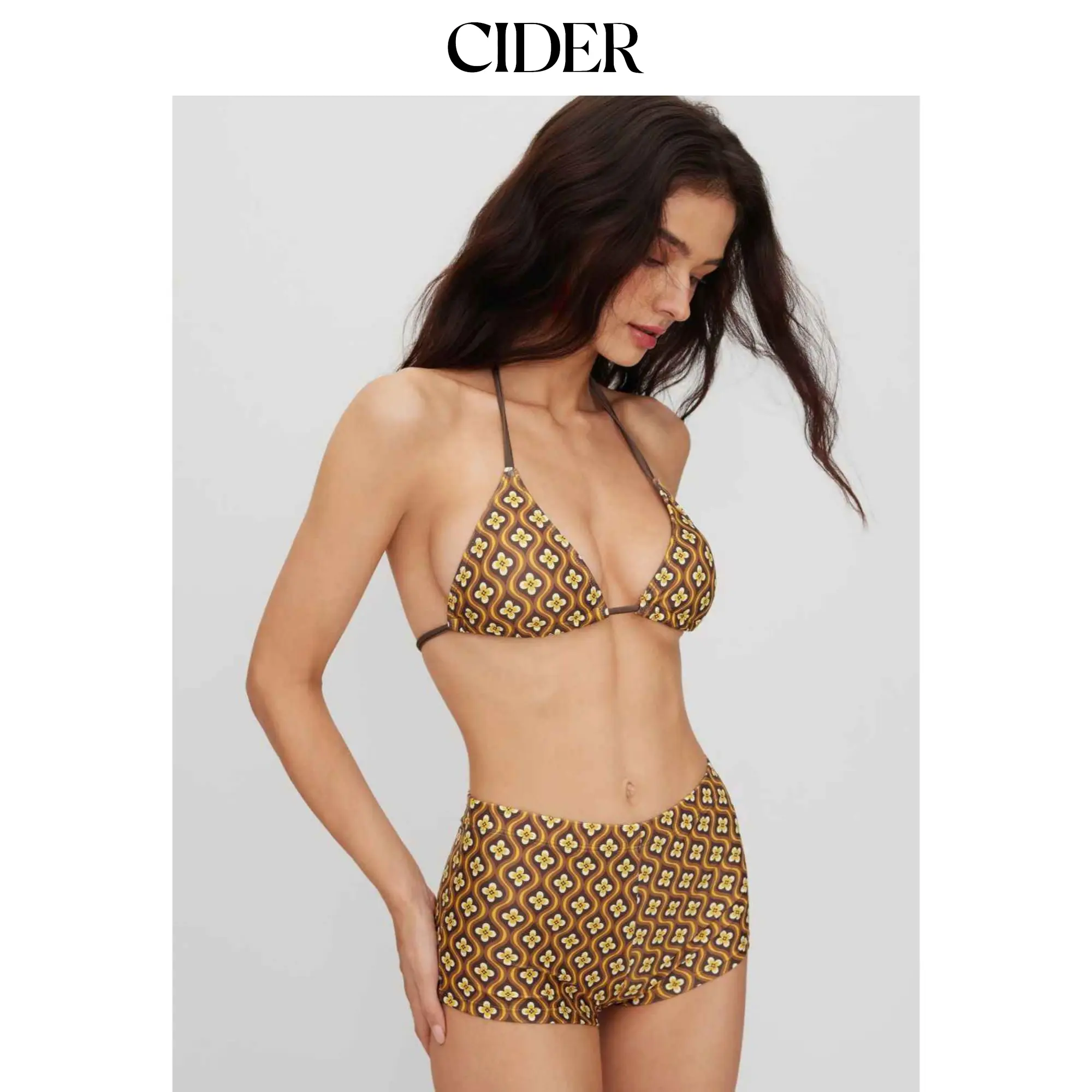 Cider Halter Neckline Geometric Floral Shorts Bikini Set
