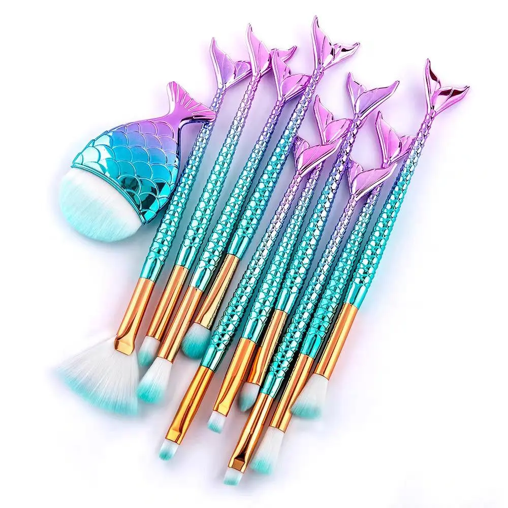 11pcs full colorful gradient mermaid makeup brush set, complete foundation, concealer, eyebrow, liner and blush brushes. Dreamy fishtail handles with soft evenly picking bristles, perfect daily makeup kit & cute gift for student beginners and girls.