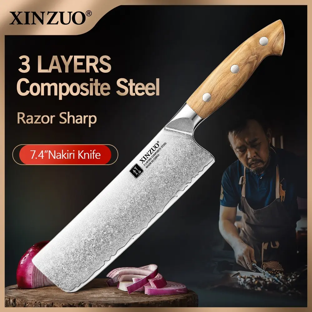 XINZUO Pin Series Nakiri Knife,Three-Layer Composite Steel, Innovative Stone-Washed Finish, Sharp and Easy to Sharpen, Streamlined Handle Design,Professional Kitchen Knife