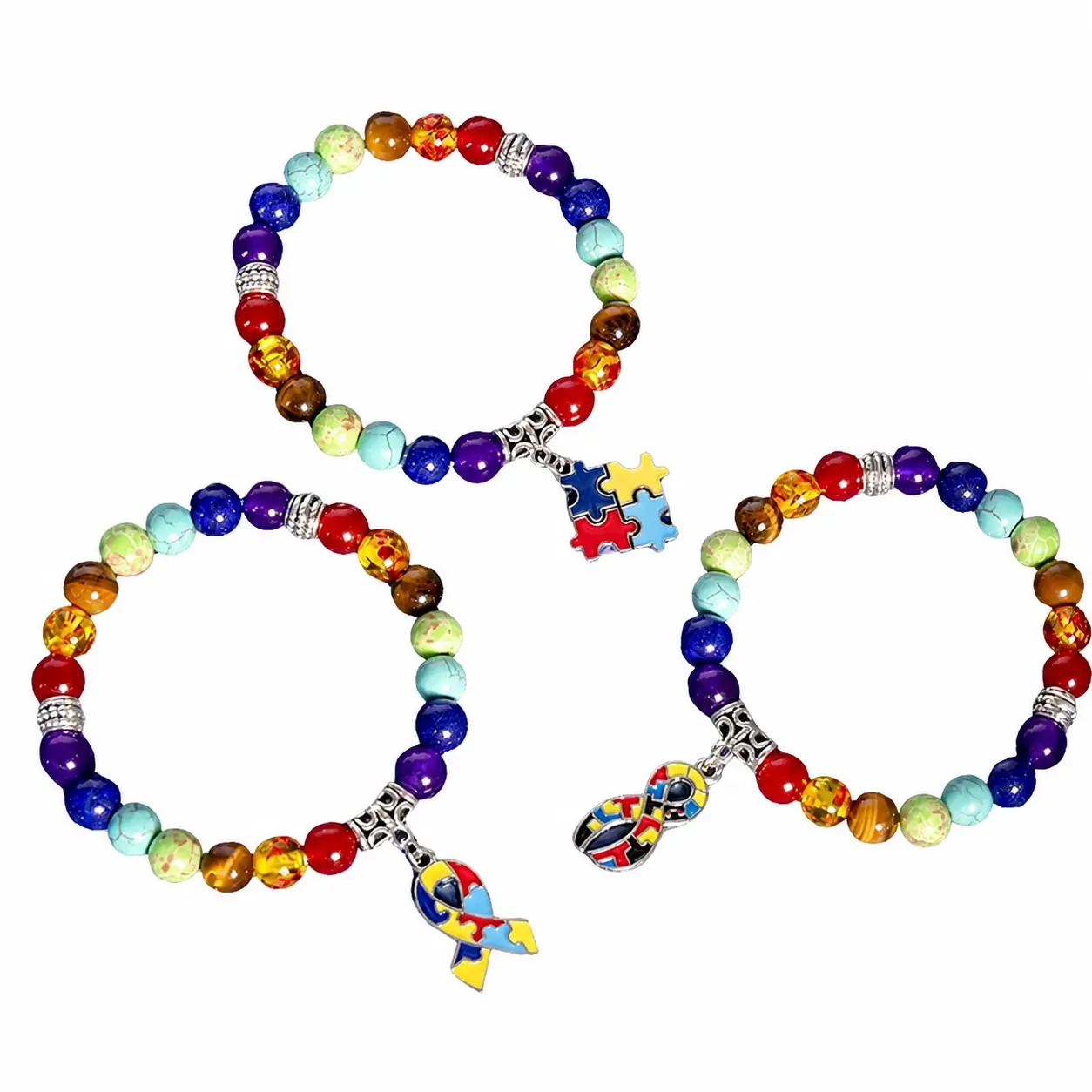 Natural Beaded Stretch Bracelet Featuring Rainbow Chakra Stones and Puzzle Piece Charm for Autism Awareness Support — Unisex Adjustable Wristband Ideal for Daily Wear, Sensory Comfort, and Meaningful Gifting