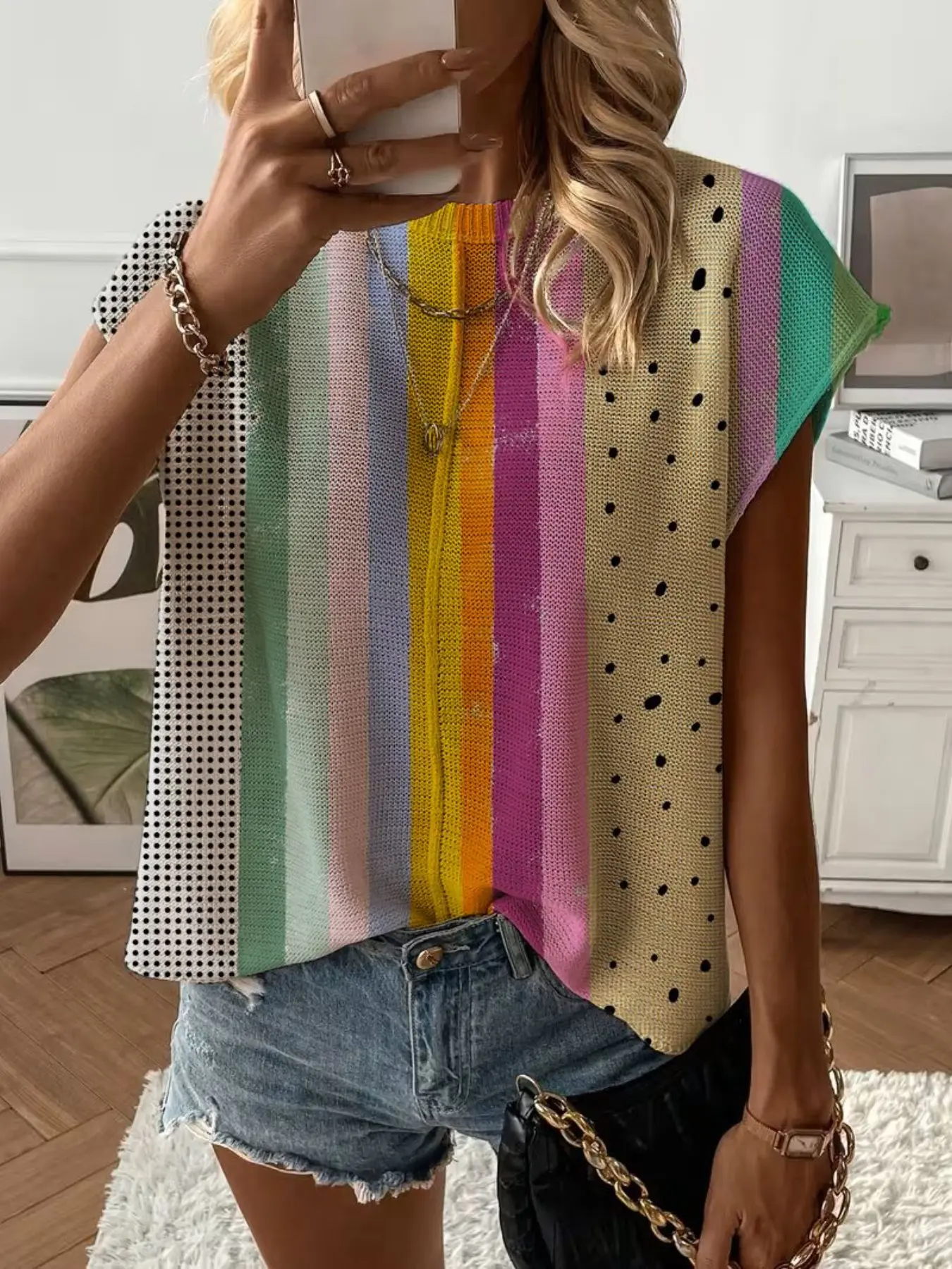 Spring/Summer Women's Crew-Neck Drop-Shoulder Sleeveless Loose-Fit Striped Knitted Top with Contrast Stripe Spliced Print, Vacation Style Everyday Chic Casual Elegant Commute Top, Bikini Cover-Up, Womenswear