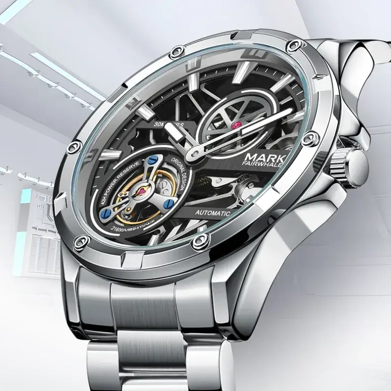 Mark Fairwhale Fashion Hollowed Out Mens Automatic Skeleton Movement Luminous Waterproof FW-6013 Luxury Watch For man