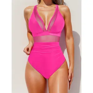 2026 New Solid Color Mesh Backless Sexy Bikini One-Piece Swimsuit