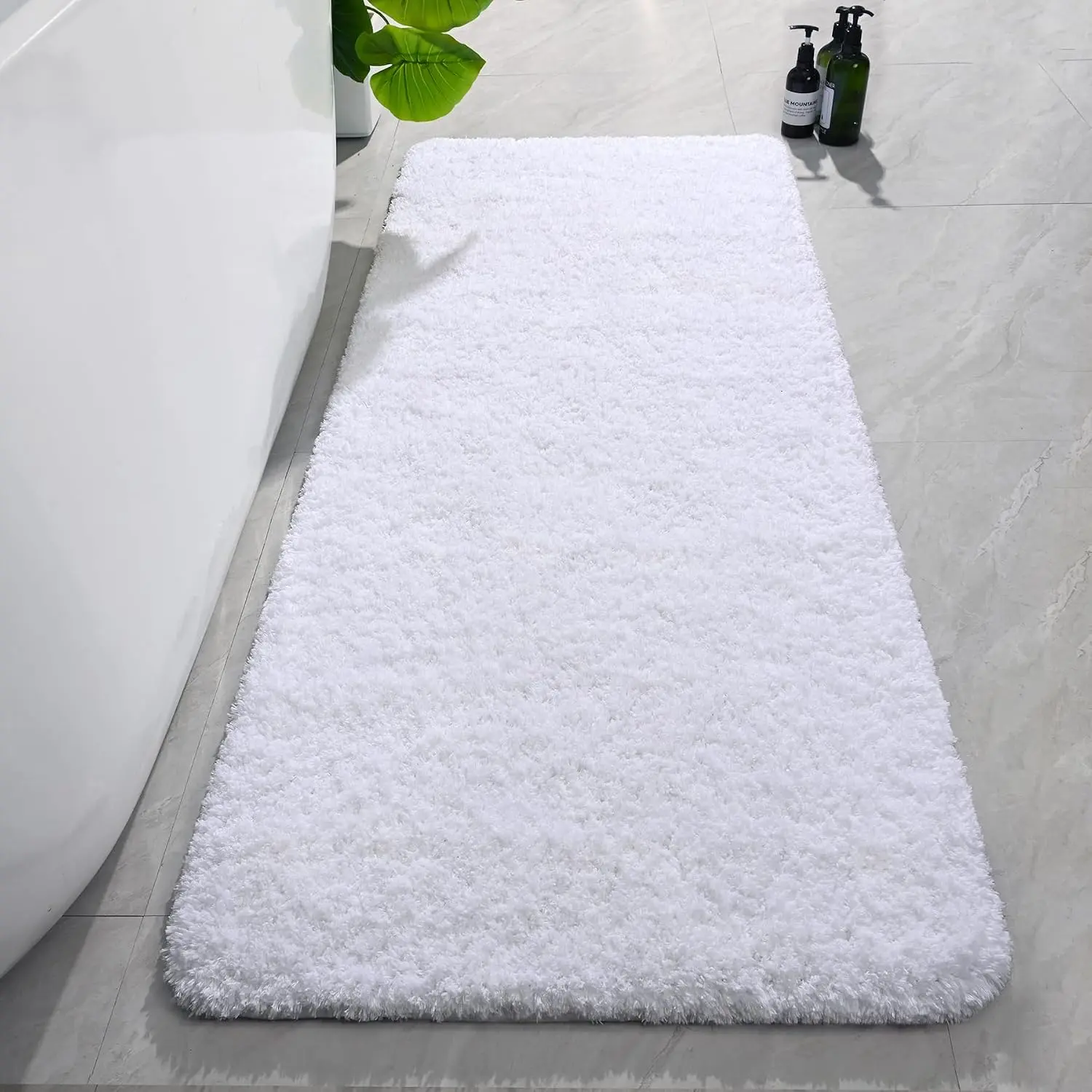 Luxury Long Bathroom Runner Rug, 24x60 Inch Thick Soft and Absorbent Non Slip Bath Mat, Rubber Backing Quick Dry Rugs Carpets, Machine Washable Plush Mats for Shower Floor, White