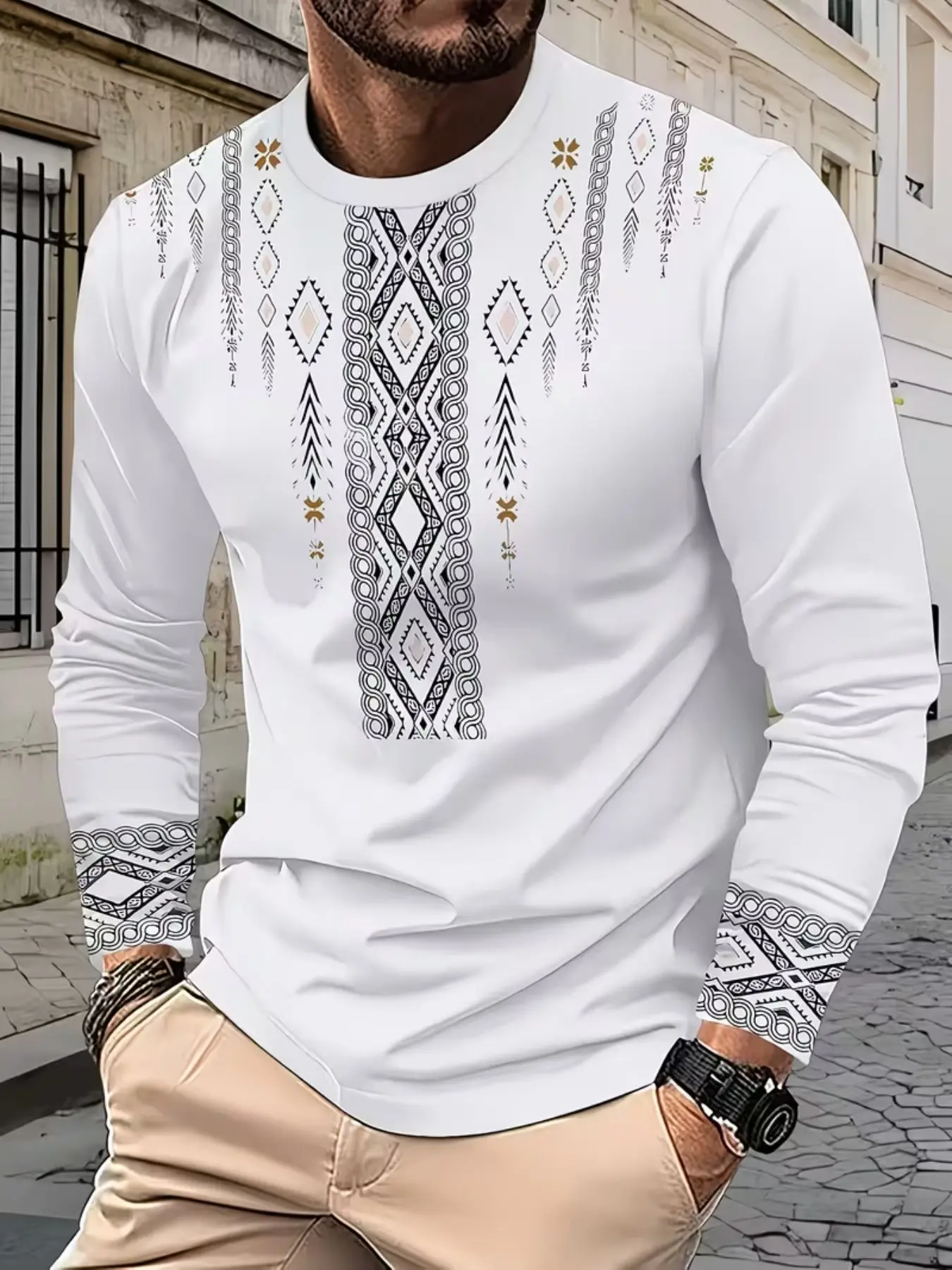 Men's Long Sleeve T-Shirt, Tribal Totem Vintage Geometric Print, Round Neck Casual Top, Comfortable Base Layer Clothing