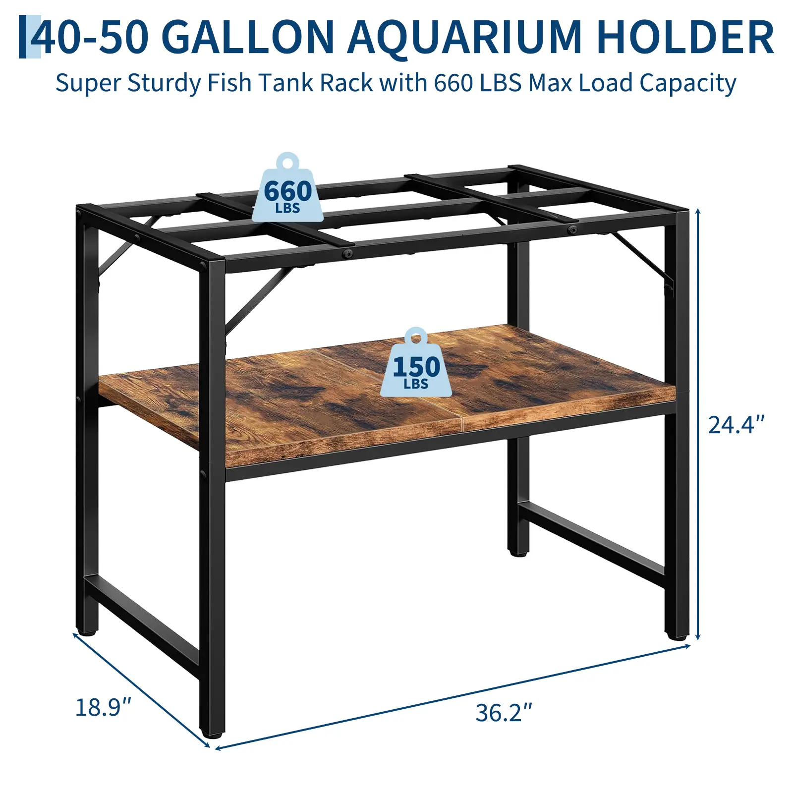 Heavy-Duty 40-50 Gallon Aquarium Stand - Metal Fish Tank Stand w/ Rustic Brown Wood Top - 2-Tier Storage Shelves for Turtle/Reptile Terrarium - Black