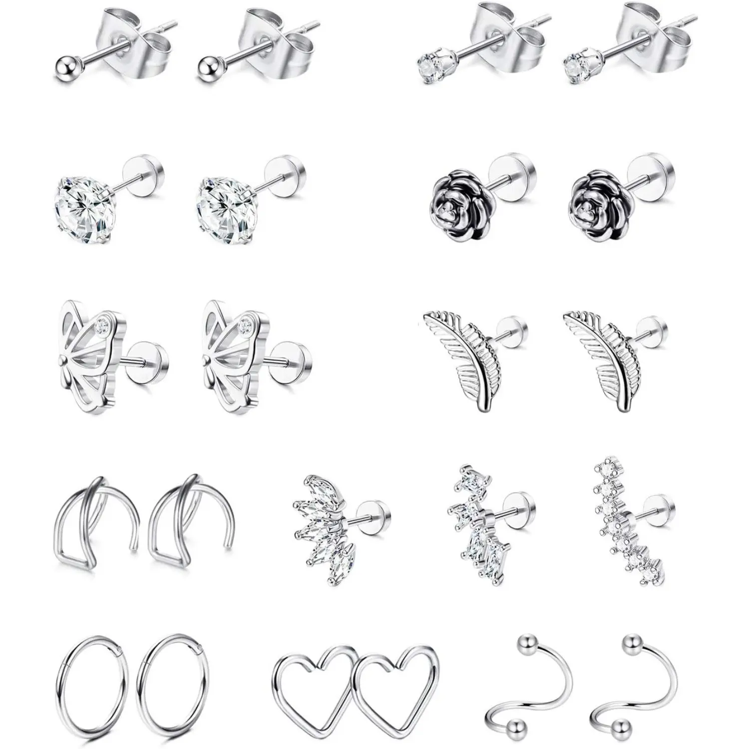 Unisex 23-Pcs 16G Stainless Steel Stud Earrings - CZ-Inlaid Casual Daily Wear Jewelry with Feather, Flower, Heart, Butterfly Motifs for Helix, Tragus, Conch Piercing Ears, Conch Piercing Ear, Feather Motif, Unisex Fit