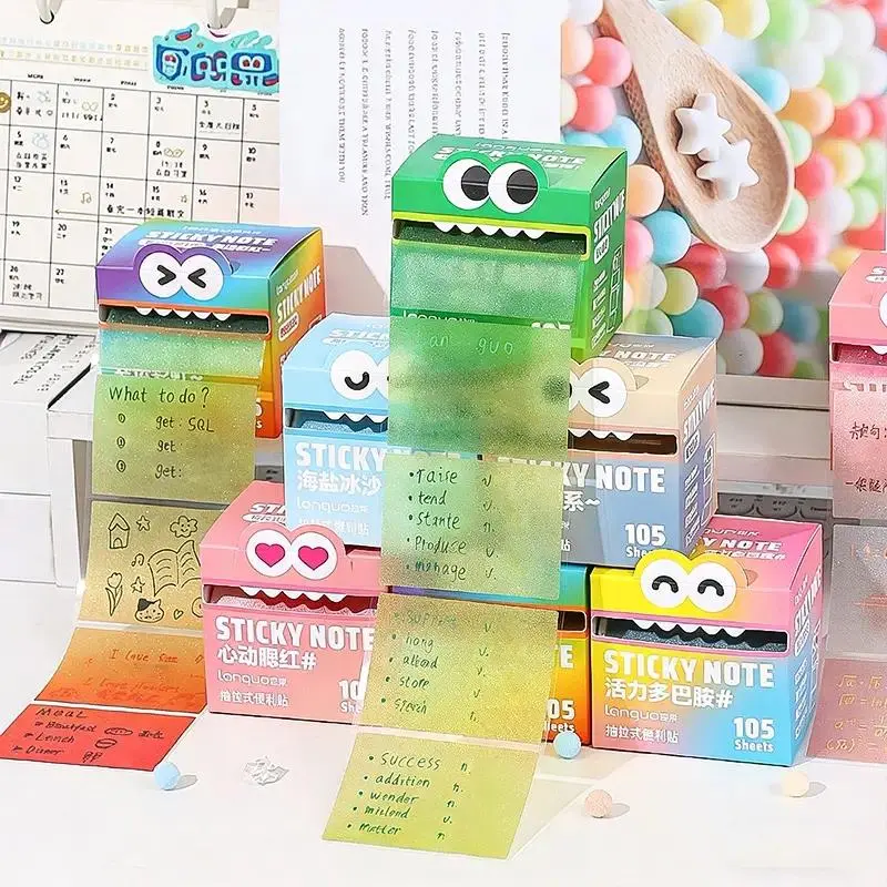 Pearlescent Glitter Pull Out Sticky Notes Box, 105 Sheets Transparent Self-Adhesive Memo Pads, Cute Cartoon Dispenser Design, Smooth Writing Sticky Labels for School Office Daily Planner Supplies