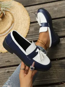 Spring/Summer Must-have 3-Color Two-tone Loafers Tassel Block Heel Shoes