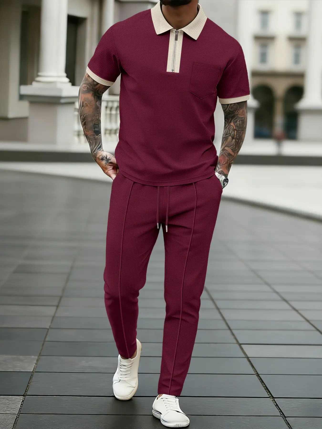 Summer Men's Colorblock Polo Running Set, Short Sleeve Half-Zip Polo Shirt, Drawstring Pants, Two-Piece Casual, Sporty Fashion Set, Streetwear Style, Fashion Summer Tracksuits, Casual Sportswear Outfit