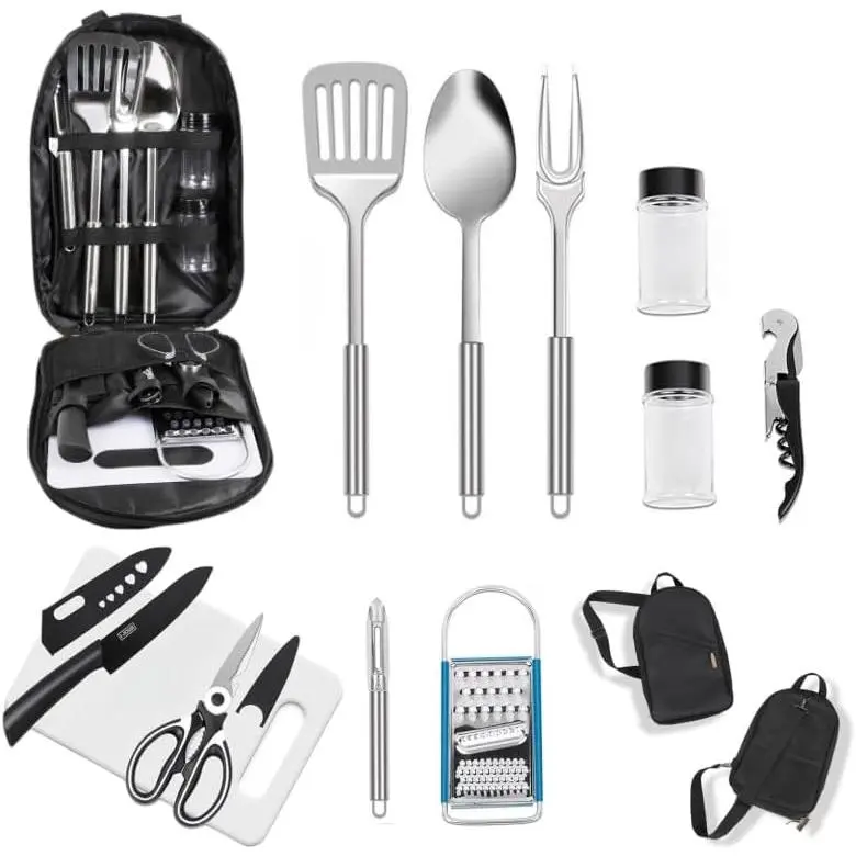 12- Camping Kitchen Utensil Set – Portable Outdoor Cooking Utensils for Camping, RV, Backpacking & BBQ | Complete Camp Kitchen Gear Set with Carry Bag, Grilling Tools & Cooking Accessories