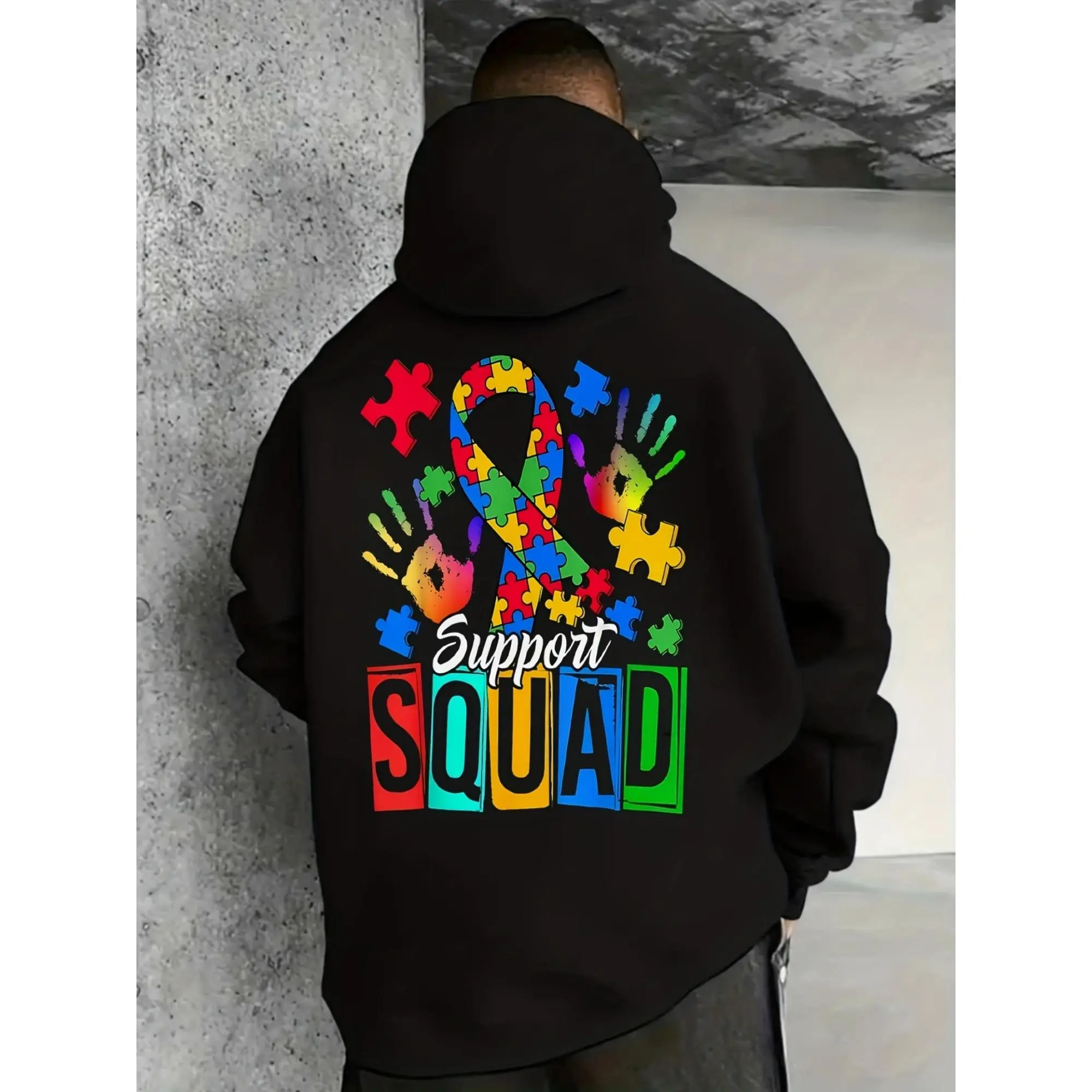 Autism Awareness Support Squad Graphic Hoodie - Colorful Puzzle Piece & Handprint Design with "SUPPORT SQUAD" Lettering, Soft Blend Pullover with Kangaroo Pocket, Unisex Casual & Game Day Apparel for Men & Women, Comfortable Urban Streetwear for Aut