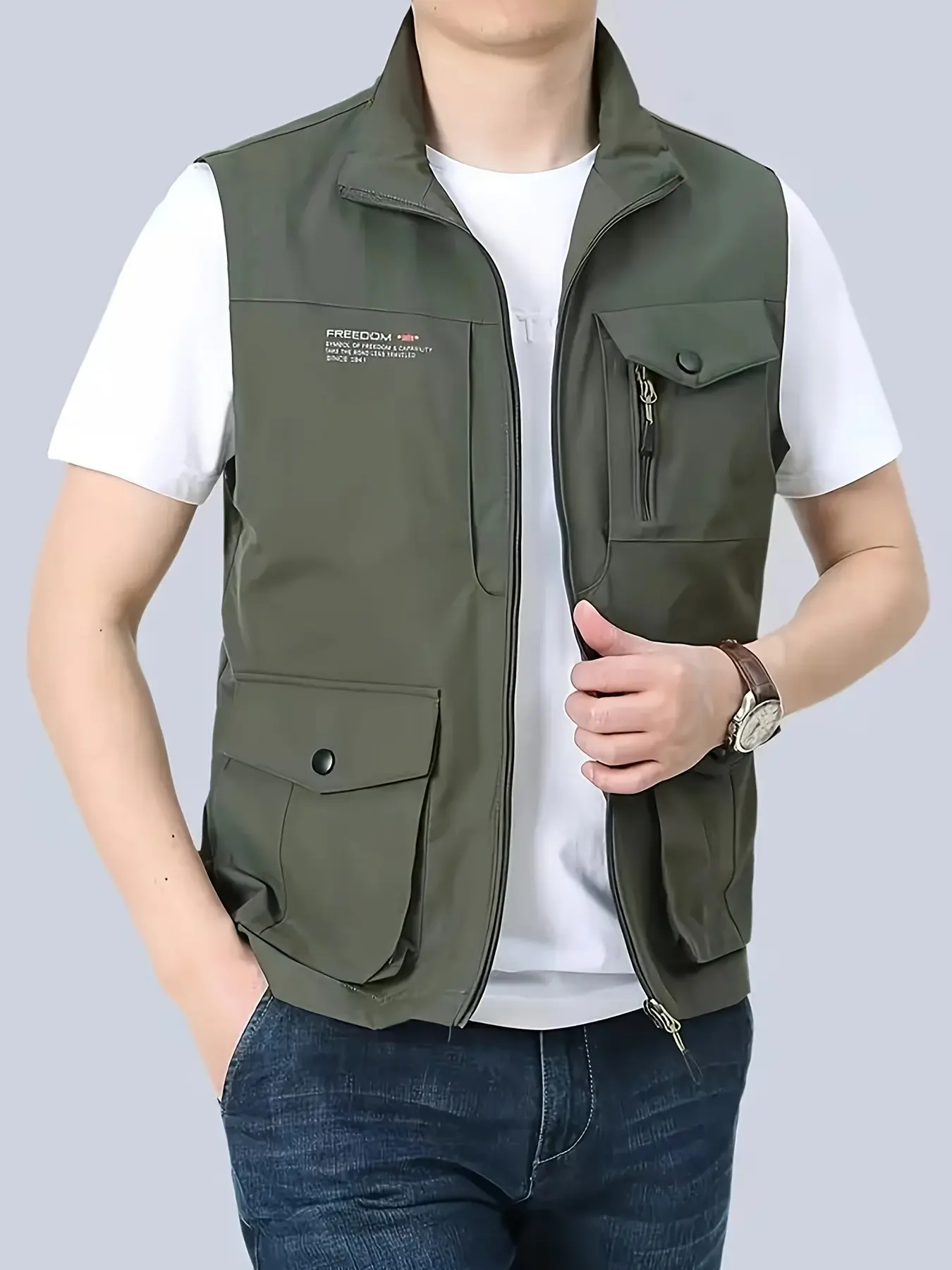 Men's Work Vest with Multiple Pockets, Quick-Dry Fishing Vest, Casual Sleeveless Outer Vest, Outdoor Medium-Length Vest, Gilet