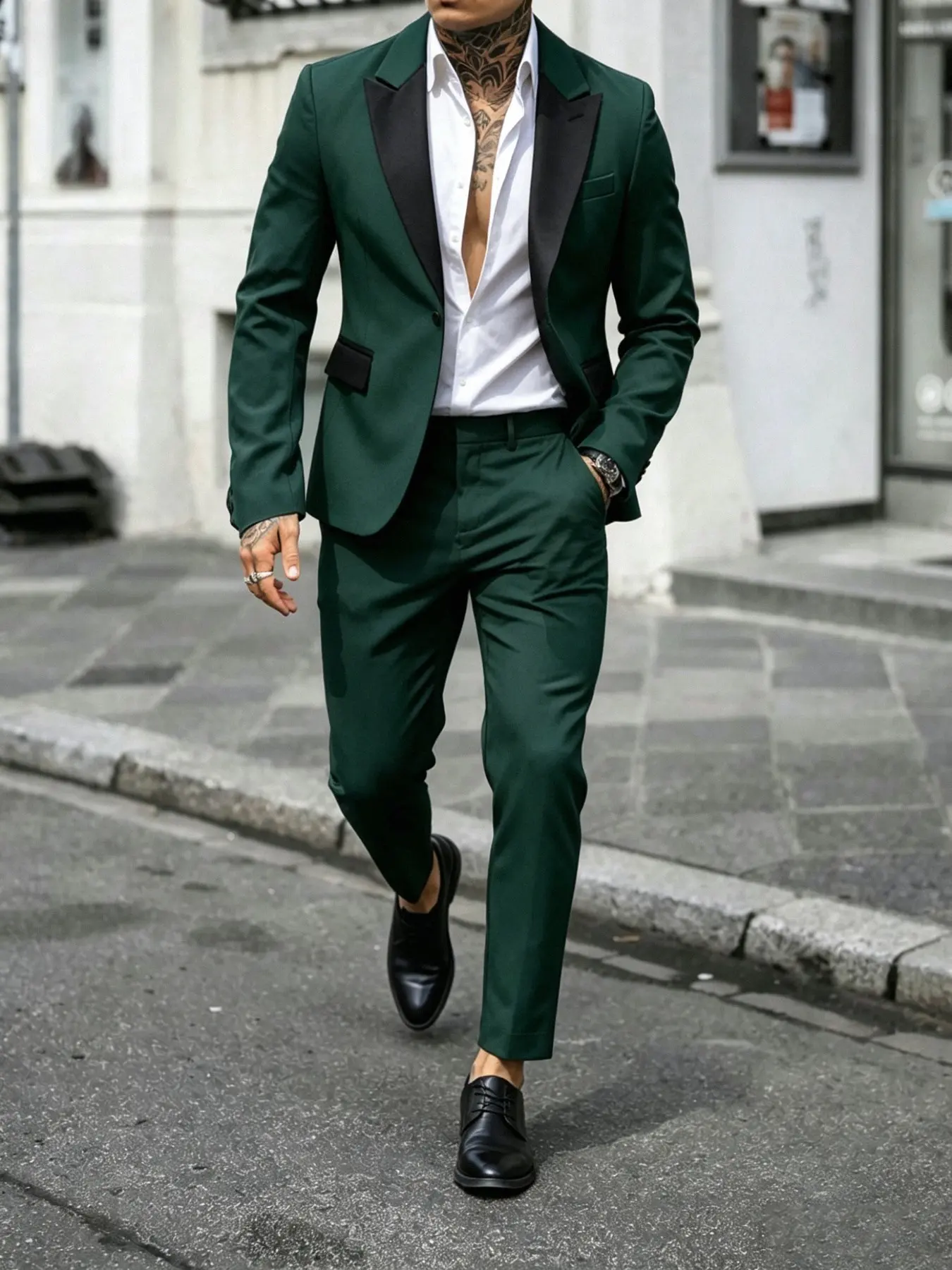 Men's business-style slim fit suit set, suitable for various formal occasions such as business meetings, dates, and weddings, formal wear. It features a stylish color-contrast design that exudes sophistication, crafted from soft, shape-retaining fabric.