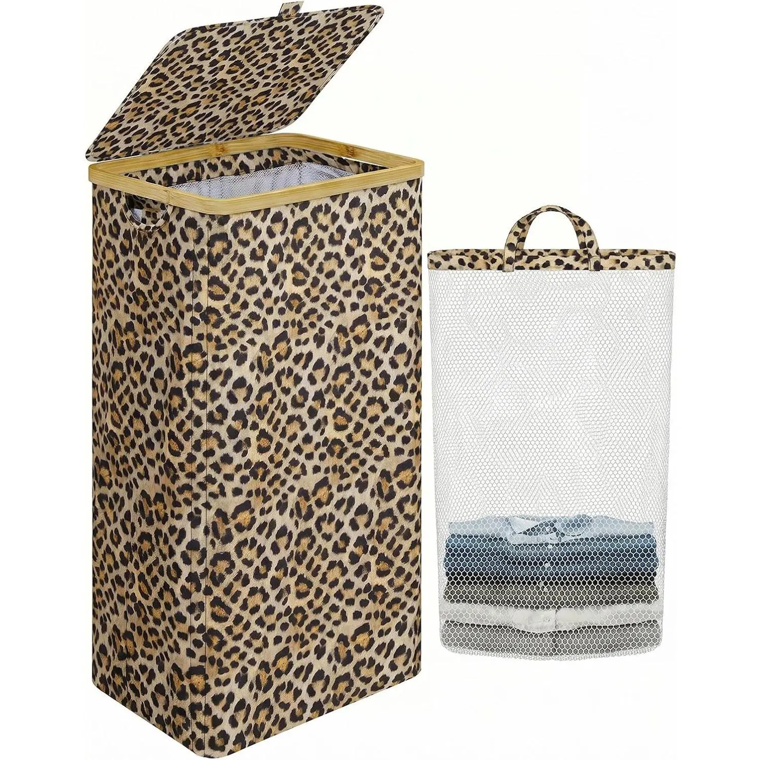 Leopard Print Polyester Laundry Hamper with Lid - 110L Large Collapsible Home Accessory Clothes Basket Organizer, Handle, Removable Inner Bag, Single Unit for Towels, Clothes Storage