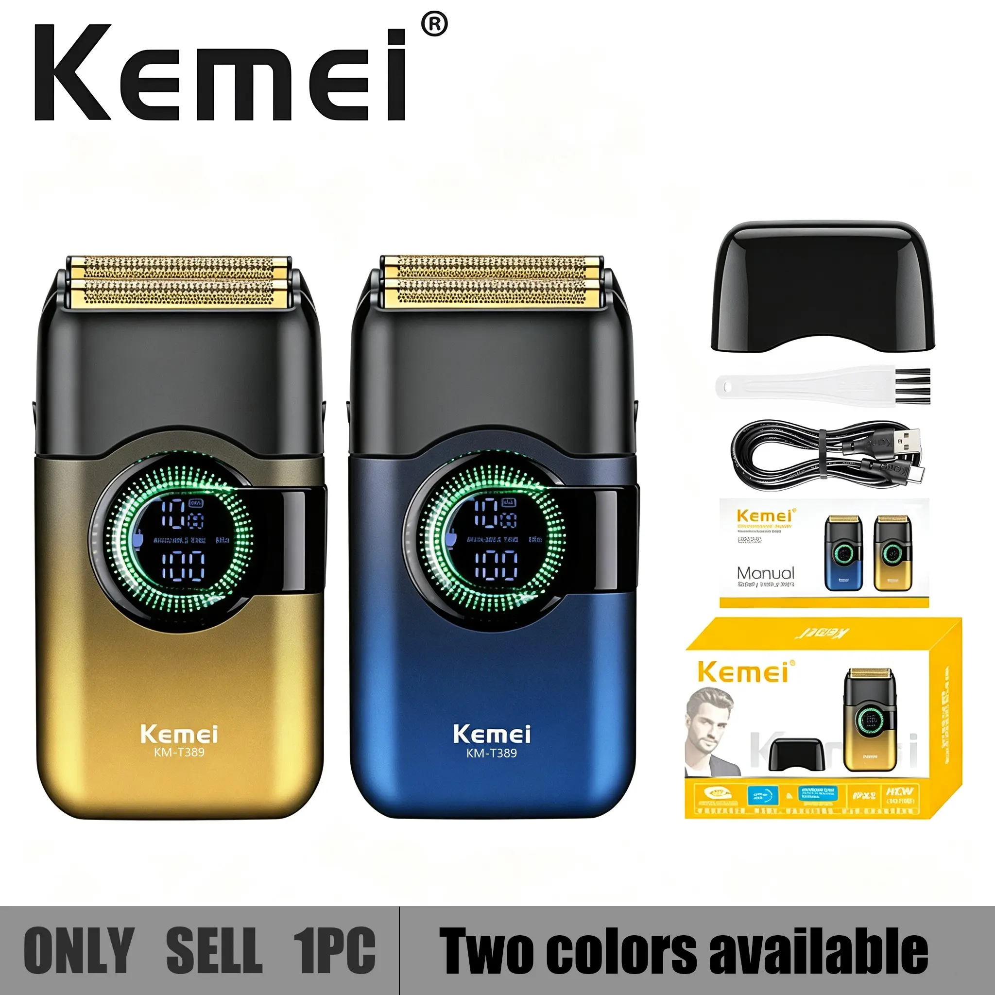 Kemei KM-T389 Portable Reciprocating Electric Shaver 7500RPM Powerful Motor Double Precision Cutter Net LED Digital Display Rechargeable Mini Travel Beard Razor For Men