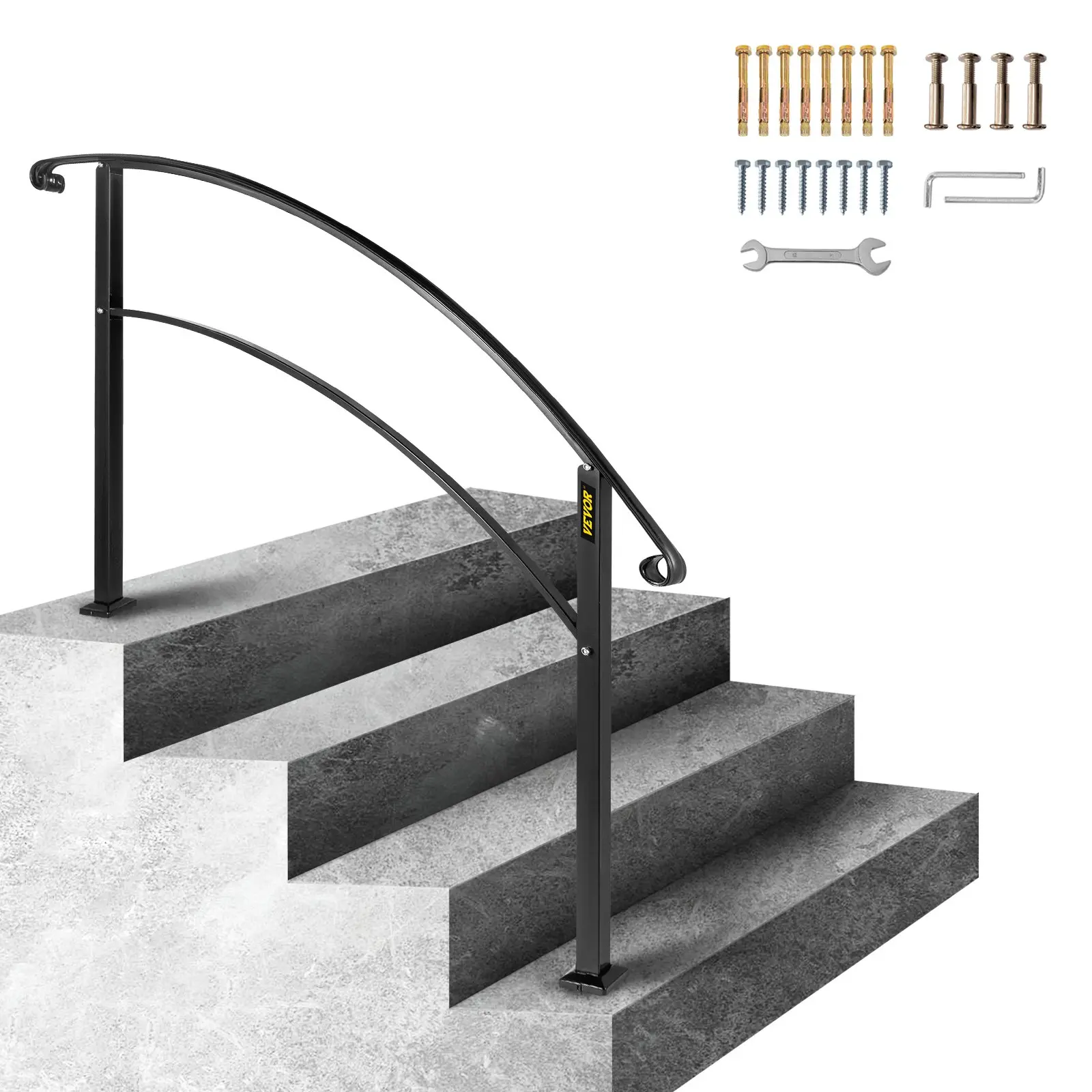 【DealsForYouDays】VEVOR 4-Step Handrail Fits 1 or 4 Steps Matte Black Stair Rail Wrought Iron Handrail with Installation Kit Hand Rails for Outdoor Steps