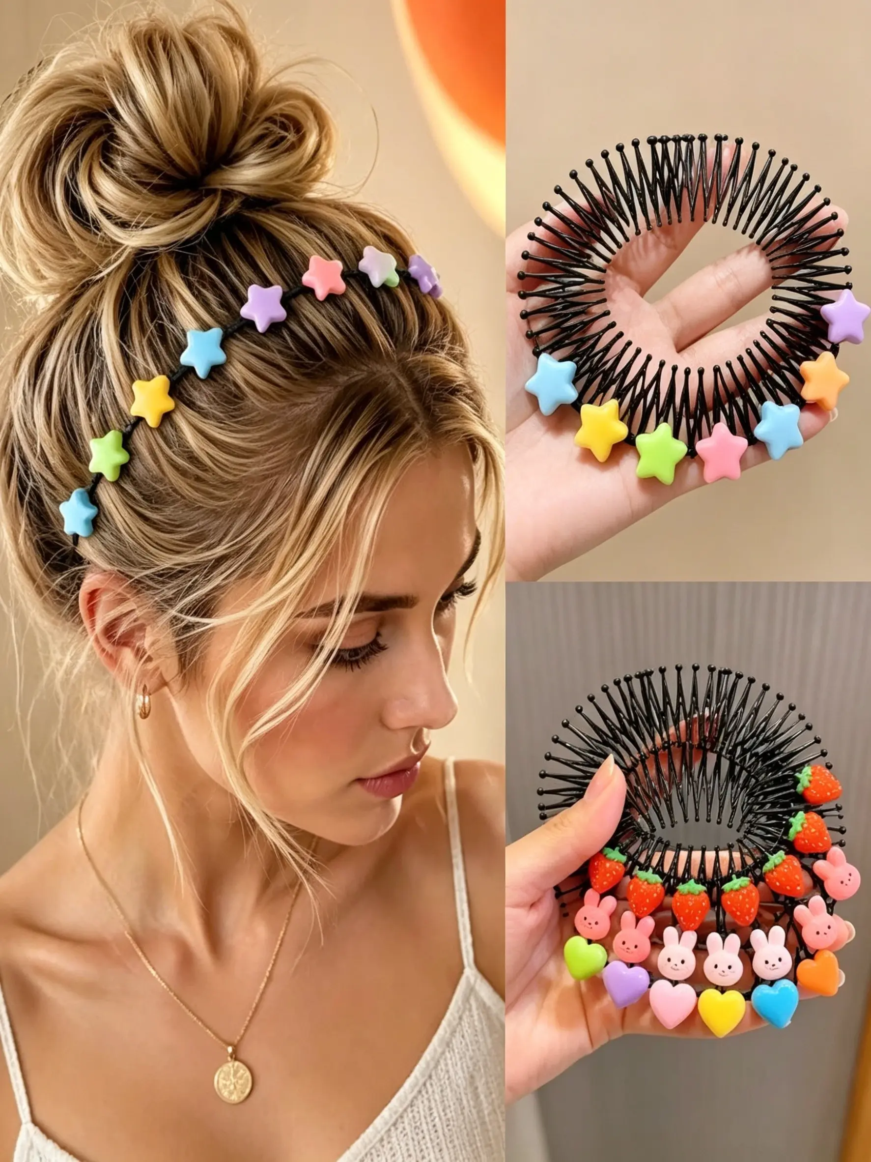 3-Piece Star-Colored Hair Comb Set, Invisible Hair Clip, Heart-Shaped Cute Headband, Lazy Person Hairstyling Tool, Braiding Accessories, Kawaii Hair Clips