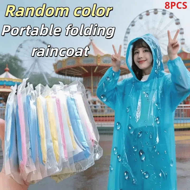 8 Pack Disposable Rain Ponchos for Adults – Emergency Waterproof Raincoat with Drawstring Hood, Pocket-Sized Portable Rain Gear, Rainwear, Individually Wrapped for Camping, Hiking, Travel, Theme Parks