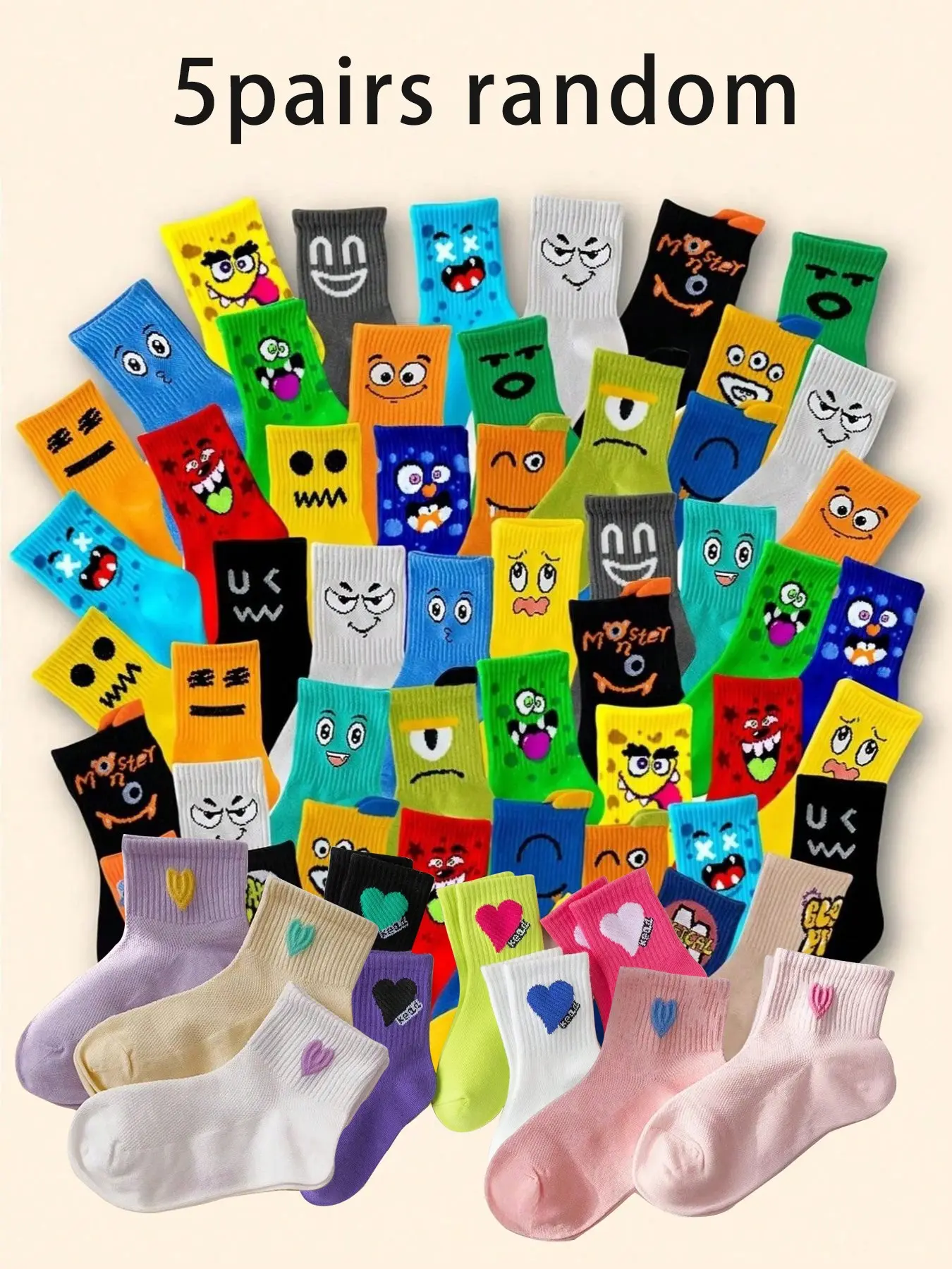 Kids' Mid-Calf Socks, Cute & Fun Patterns, College Style, Breathable & Soft, Suitable for All Seasons, Unisex, Ages 1-16, Teen Socks, 5/10 Pairs, Casual Stylish Socks, Youth Socks