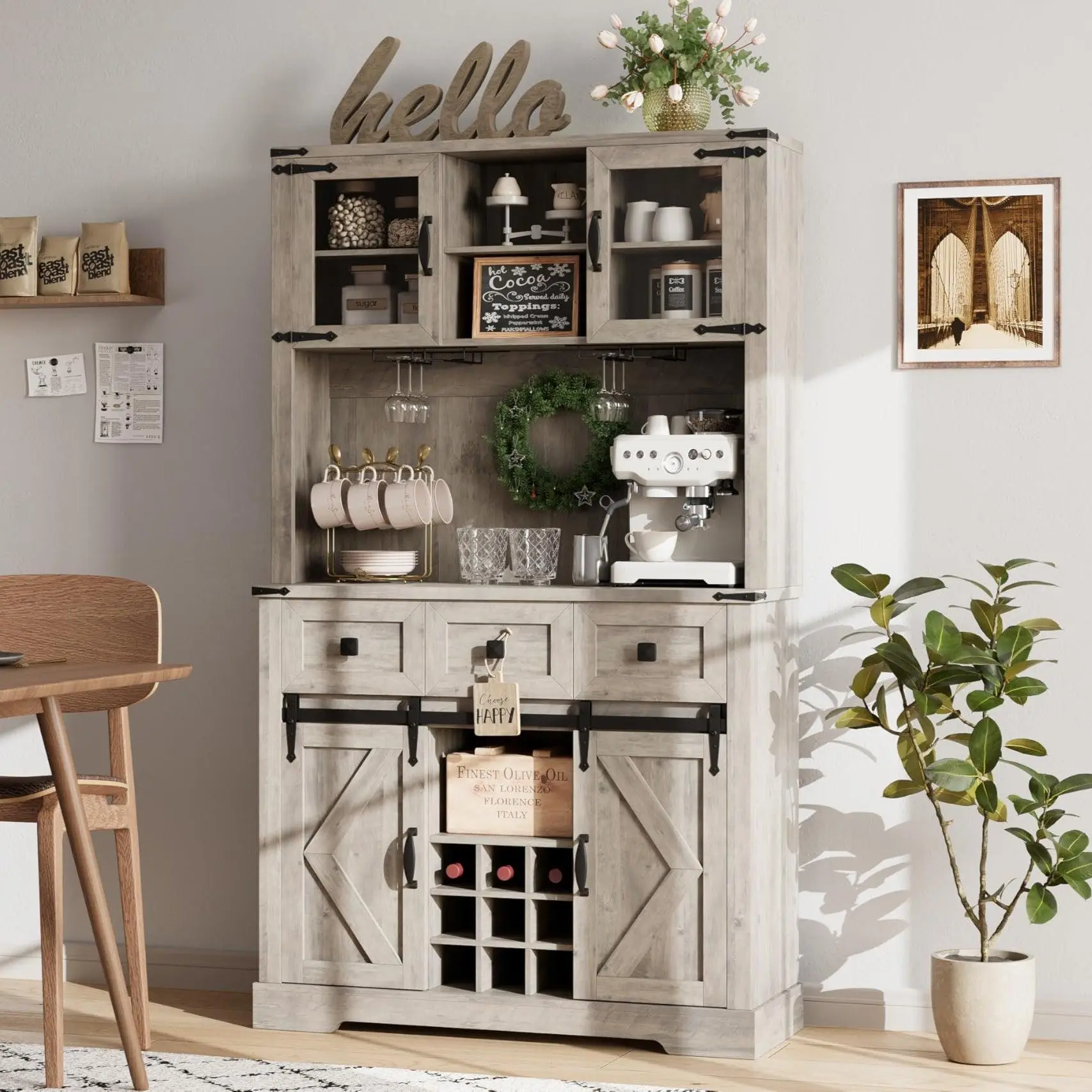 GARVEE72" Tall Kitchen Pantry Cabinet, Farmhouse Kitchen Hutch Storage Cabinet with Sliding Barn Door, Large Buffet Sideboard with Microwave Stand and 3 Drawers, Cupboard for Dining Room, Washed Grey