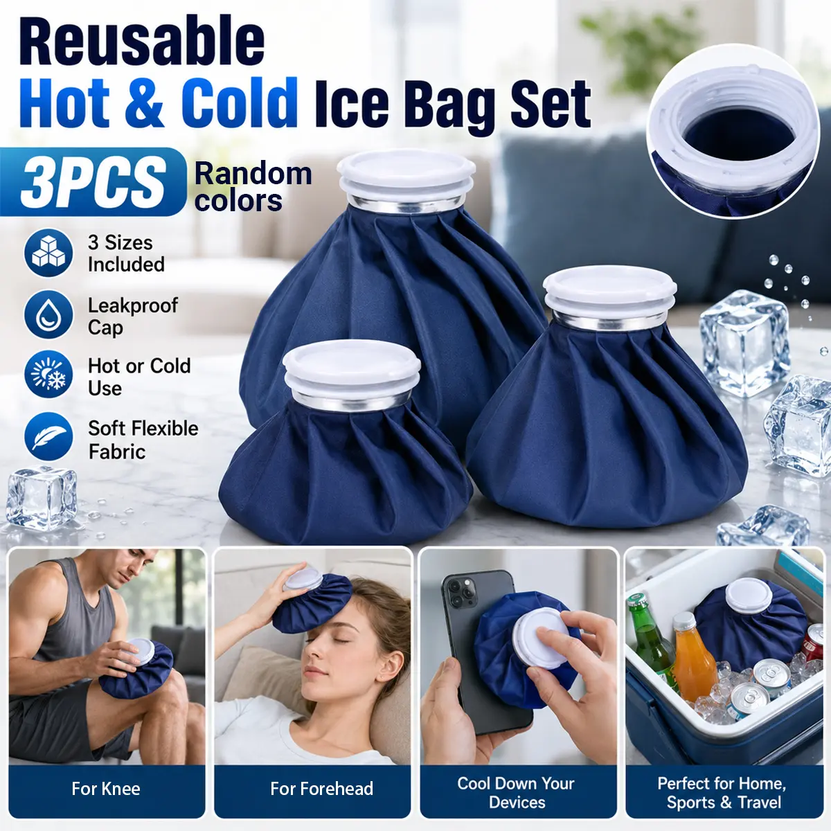 3PCS Reusable Hot & Cold Ice Bag Set, Leakproof Wide Mouth Compress Bags with Soft Flexible Fabric, Portable Refillable Design for Shoulder, Knee, Back, Waist, Sports, Workout, Home, Travel and Daily Use, 3 Sizes 6in 9in 11in with Screw Cap