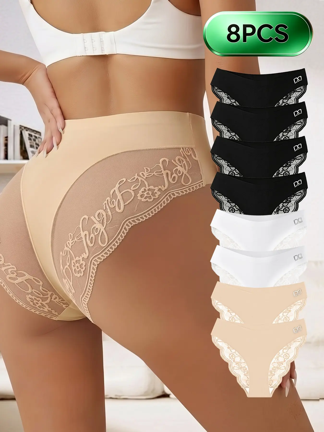 8pcs Women's Seamless Underwear, Sexy Floral Lace Mid-Waist Triangle Panties, Breathable High Elastic, Perfect for Daily Wear, Dates, Yoga, Breathable Fit Panties