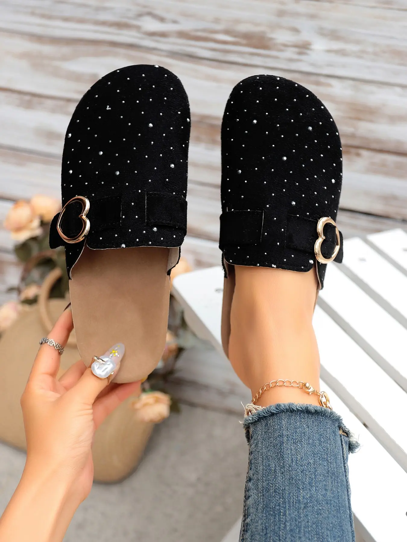 Women's Rhinestone Slip-On Mules, Cute Heart Buckle Soft Cork Insole, Sparkly Velvet Toe, All-Season Comfortable Casual Shoes, Rhinestone Studded Mules