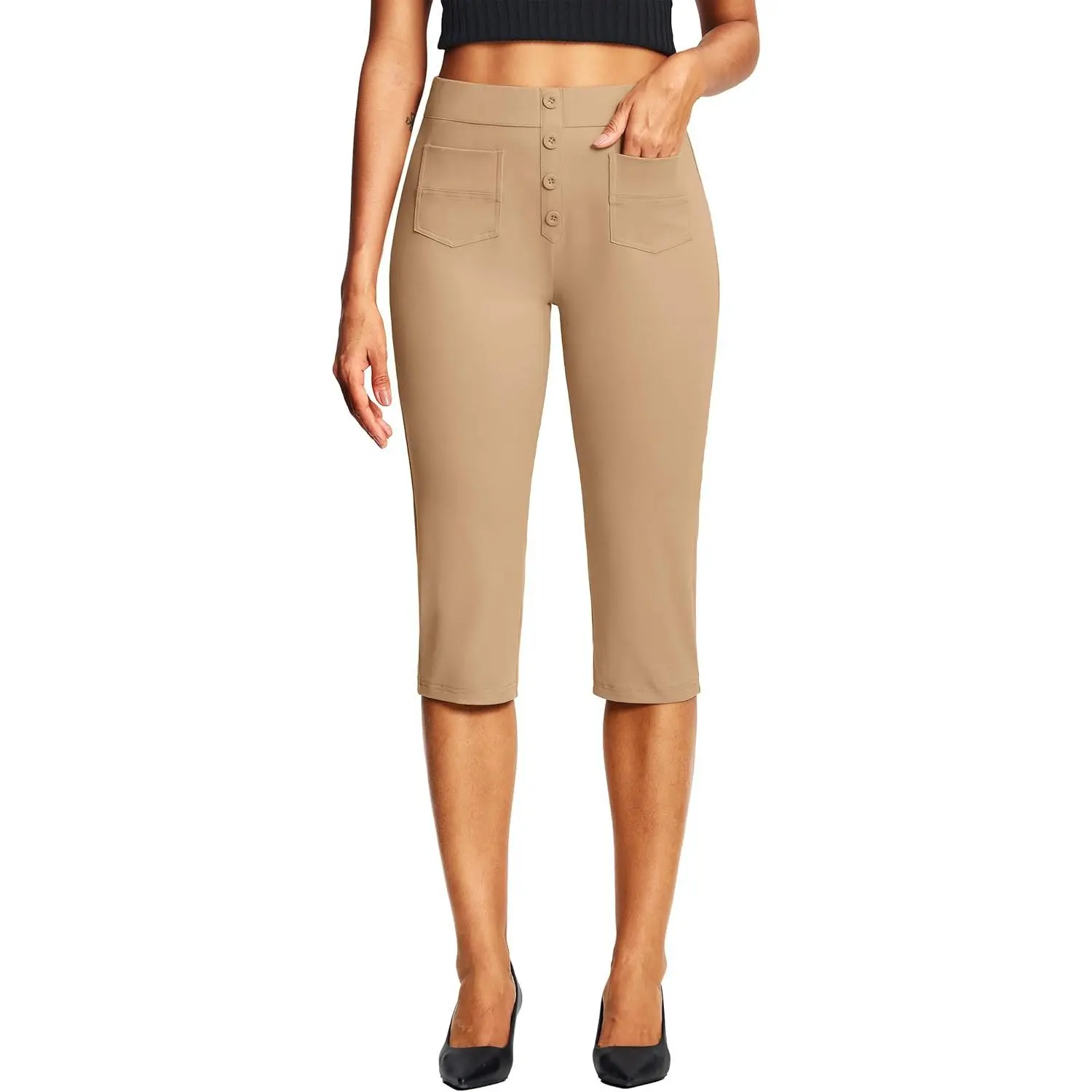 ISEEGZ Women's 18in Capri Bottoms - Slim Fit, Stretch, Pull-On, Pockets, Petite, Feminine, Flat - Day Office Wear for Summer Work Casual