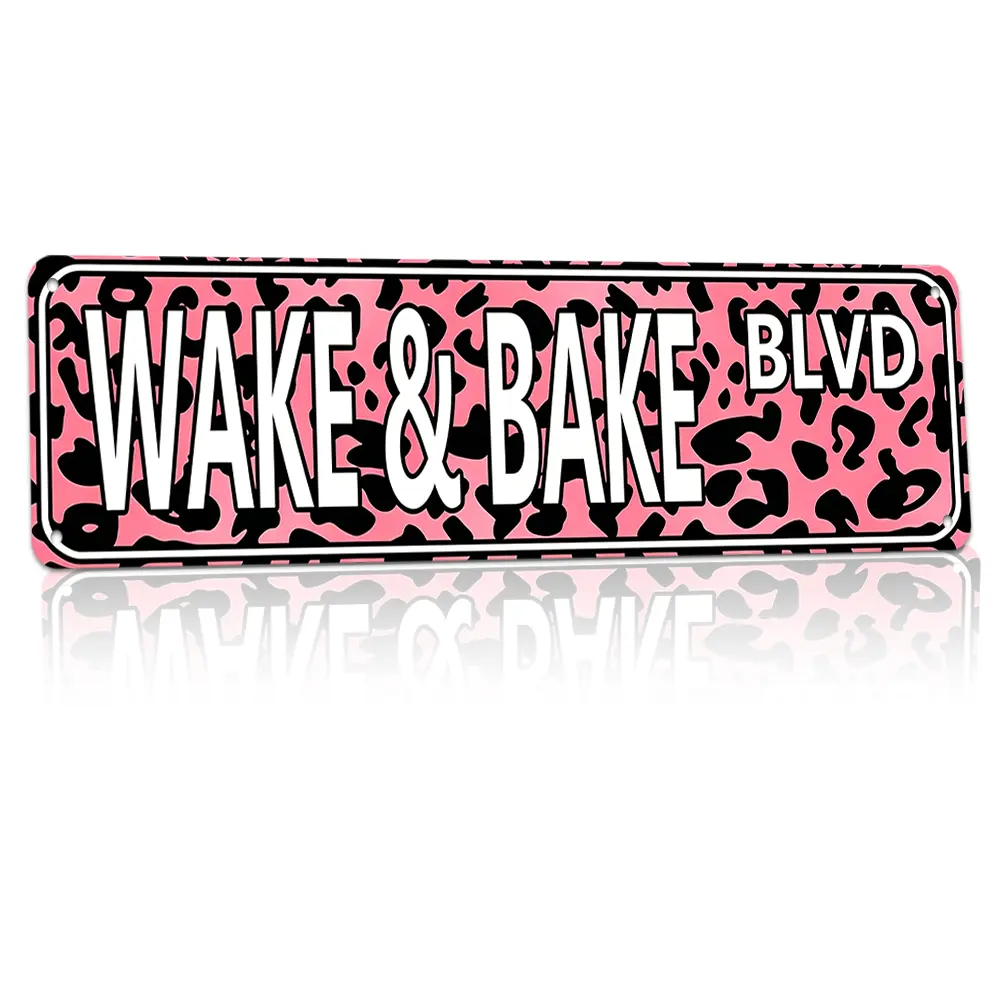 Wake & Bake Blvd, Stoner Quote, Leopard Print Sign Retro Style 16x4 Inch Flat Printed Weatherproof Rust-Proof Aluminum Metal Sign Pink Cheetah Decor Design Home Wall Art, Bold & Fun Gift For Her