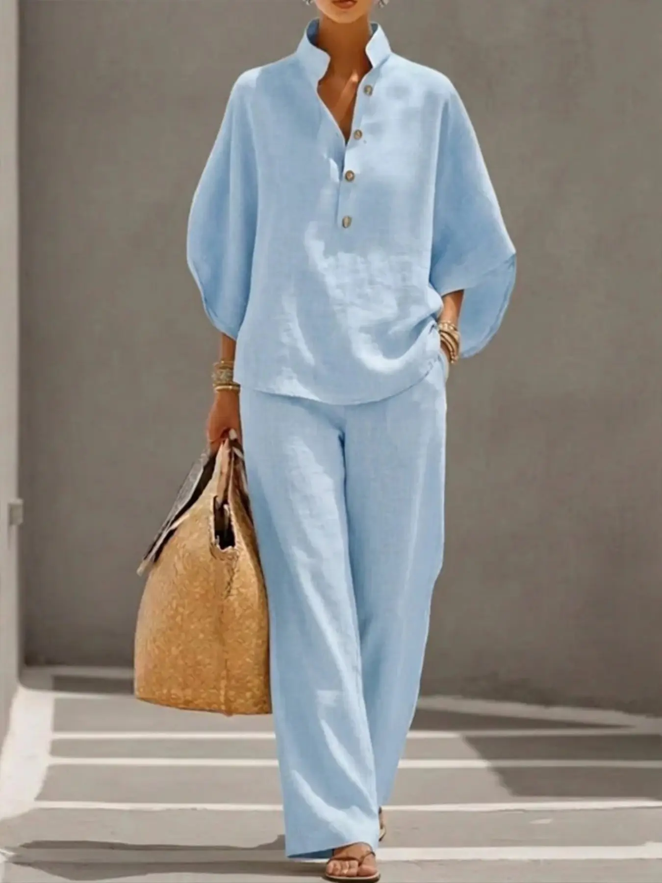 Women's Casual 2-Piece Outfit, Loose-Fit Solid Blouse and Trousers Set, Ideal for Outdoor Adventures, All-Season Wear