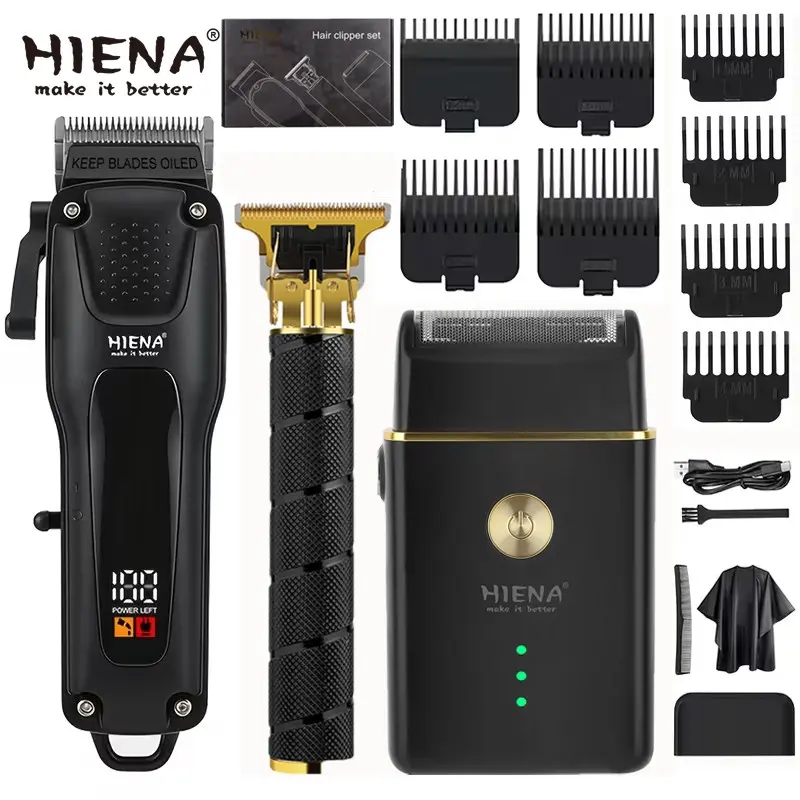 HIENA Professional Black Hair Clipper 3-in-1 Kit with LED Display, Gold Detail & Beard Trimmers, Portable Home Hair Cutting Tool, Perfect Birthday & Father’s Day Gift for Men & Boyfriend