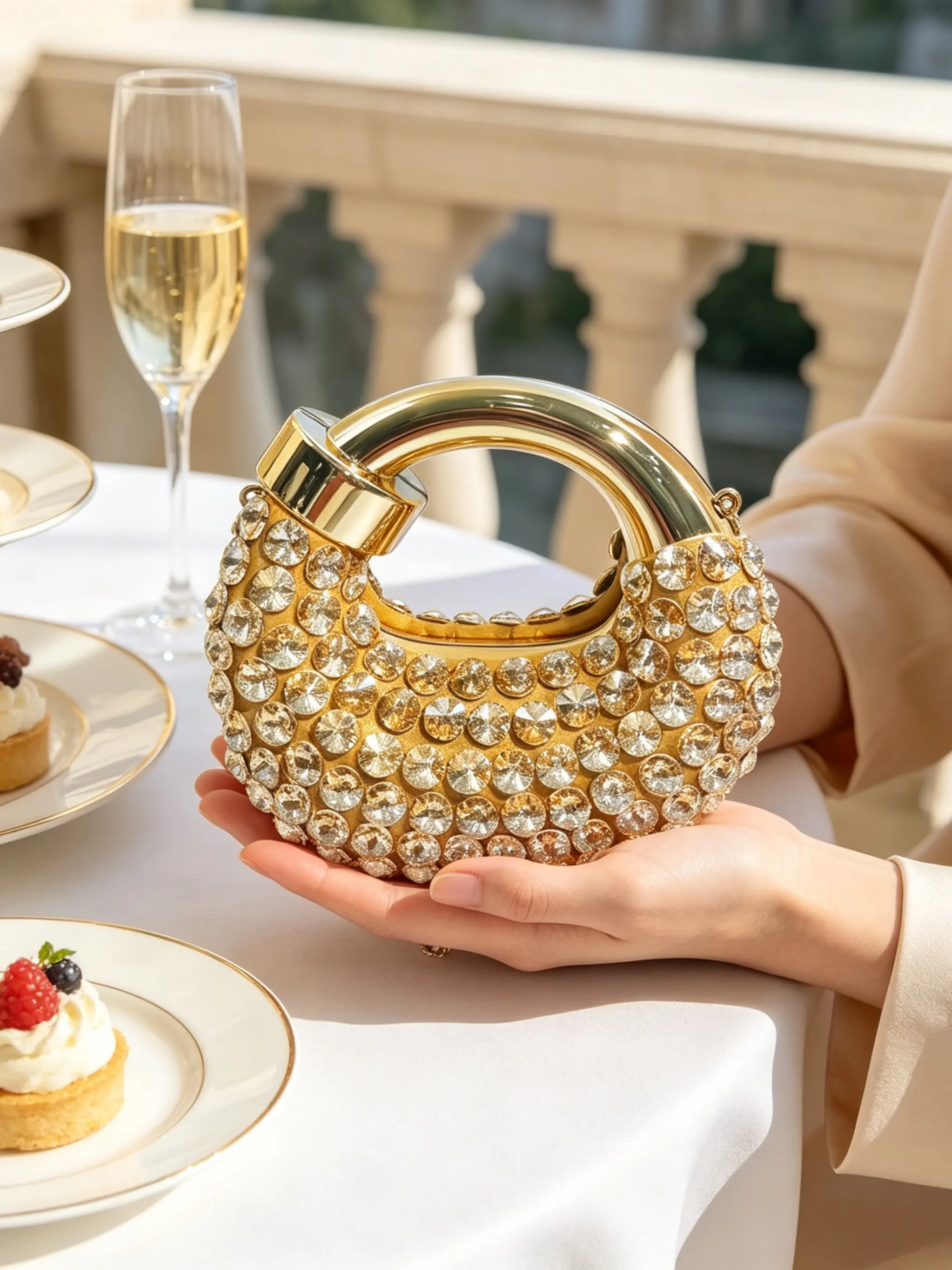 Metal Ring Handbag with Full Rhinestones, Detachable Chain Crossbody Bag, Wedding Party Fashion Clutch, Elegant Evening Bag for Women