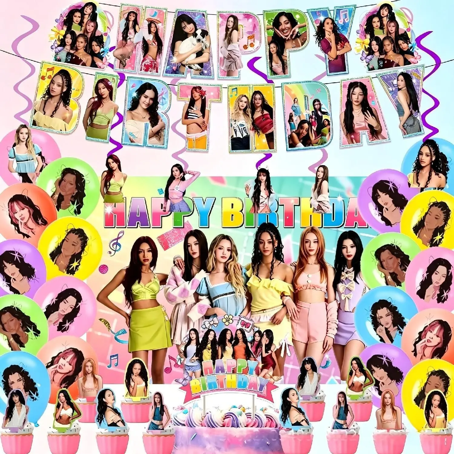 KATSEYE Girl Group Themed Birthday Decorations, Includes Birthday Banner, Large Backdrop, Print Balloons, Cake Cupcake Toppers, Party Decor Kit for Teen Girls Fan Birthday Party