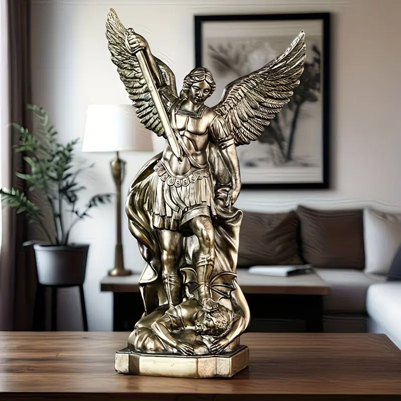 1 piece of Saint Michael The Archangel statue, Angel Ornaments, Handmade resin religious figurine, exquisite wing and feather design, Christmas home decoration, no batteries required for tabletop/counter decoration, exquisite craftsmanship