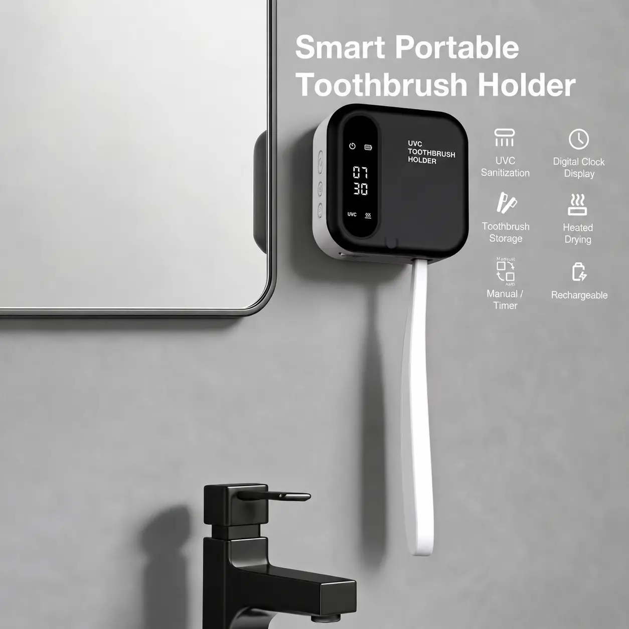 No-Drill UVC Toothbrush Holder with 60 ° C Heated Drying, Rechargeable Portable Toothbrush Sanitizer with Digital Clock & Timer for Bathroom, Home & Travel