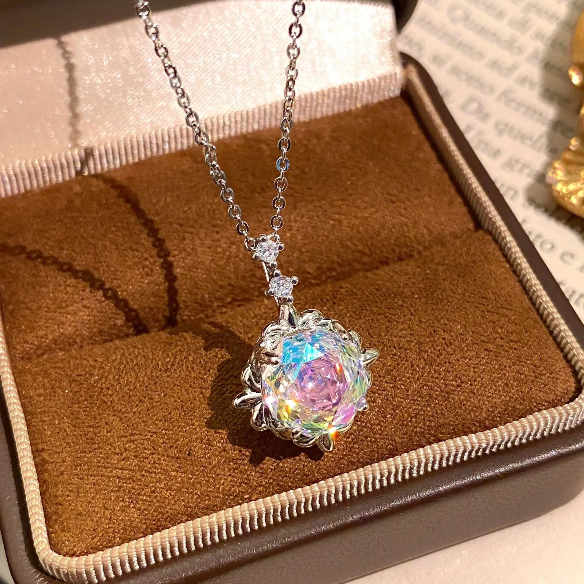 Fairycore Pendant Necklace for Women, Silver Plated Jewelry with a Sparkly Round Cut Opal Halo, Elegant Gift for Girls