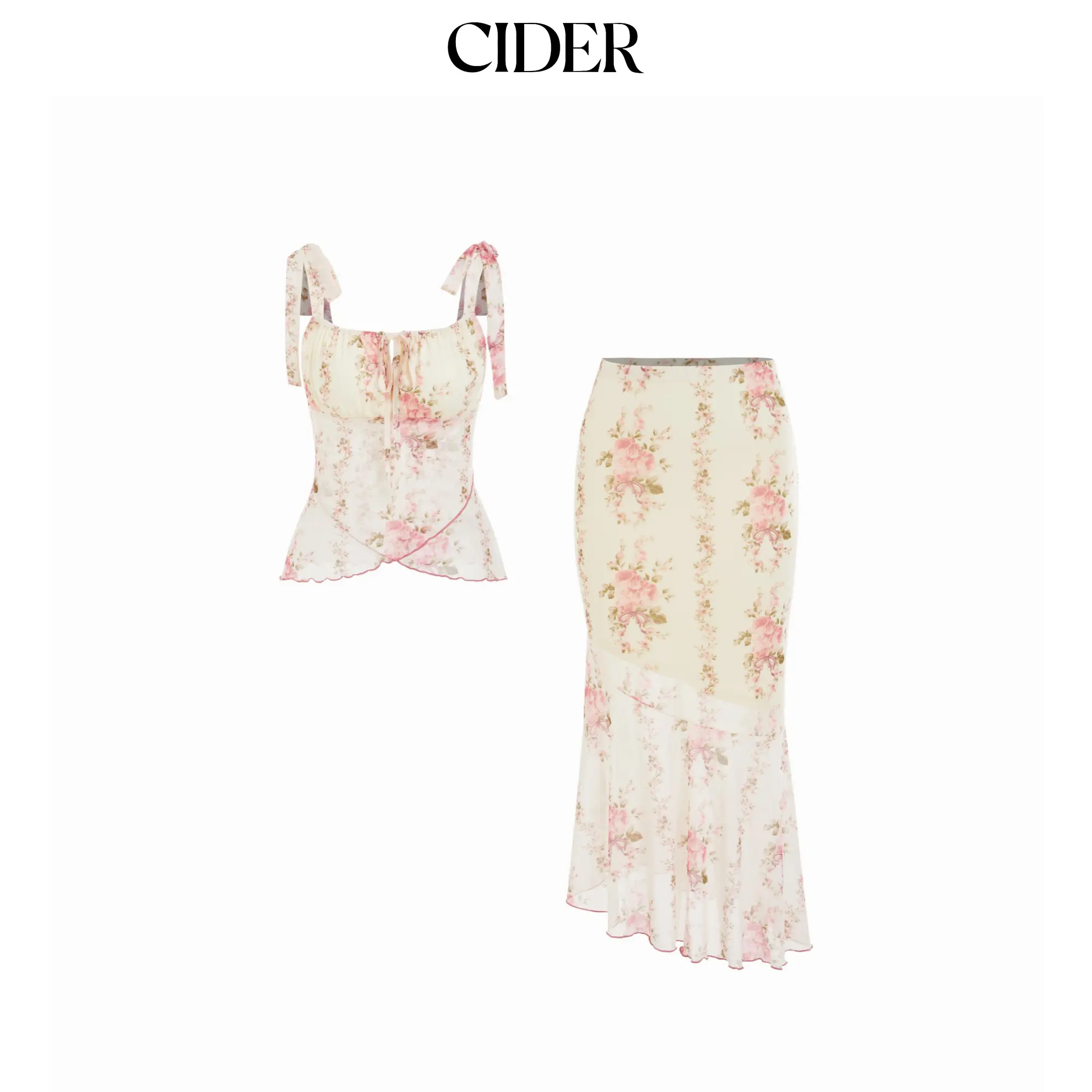 Cider Mesh Floral Bowknot Cami Top & Mid Rise Maxi Skirt Set SohoChic
