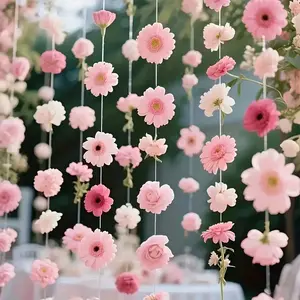 56 pink floating flowers, 5 adhesive hooks, 1 roll of transparent string, can be used for DIY hanging decorations, colors are random, rain scene design--perfect for creating a spring and Christmas atmosphere, also suitable for weddings